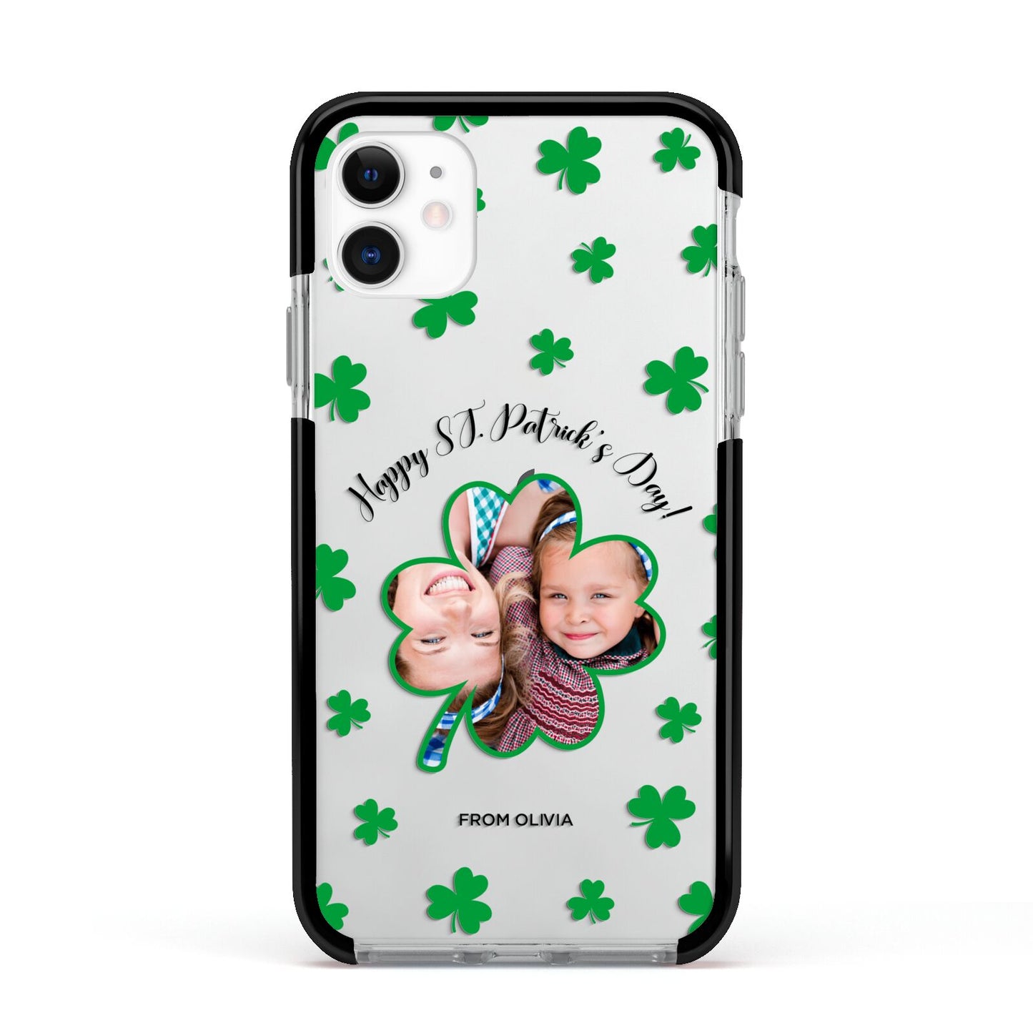 St Patricks Day Photo Upload Apple iPhone 11 in White with Black Impact Case