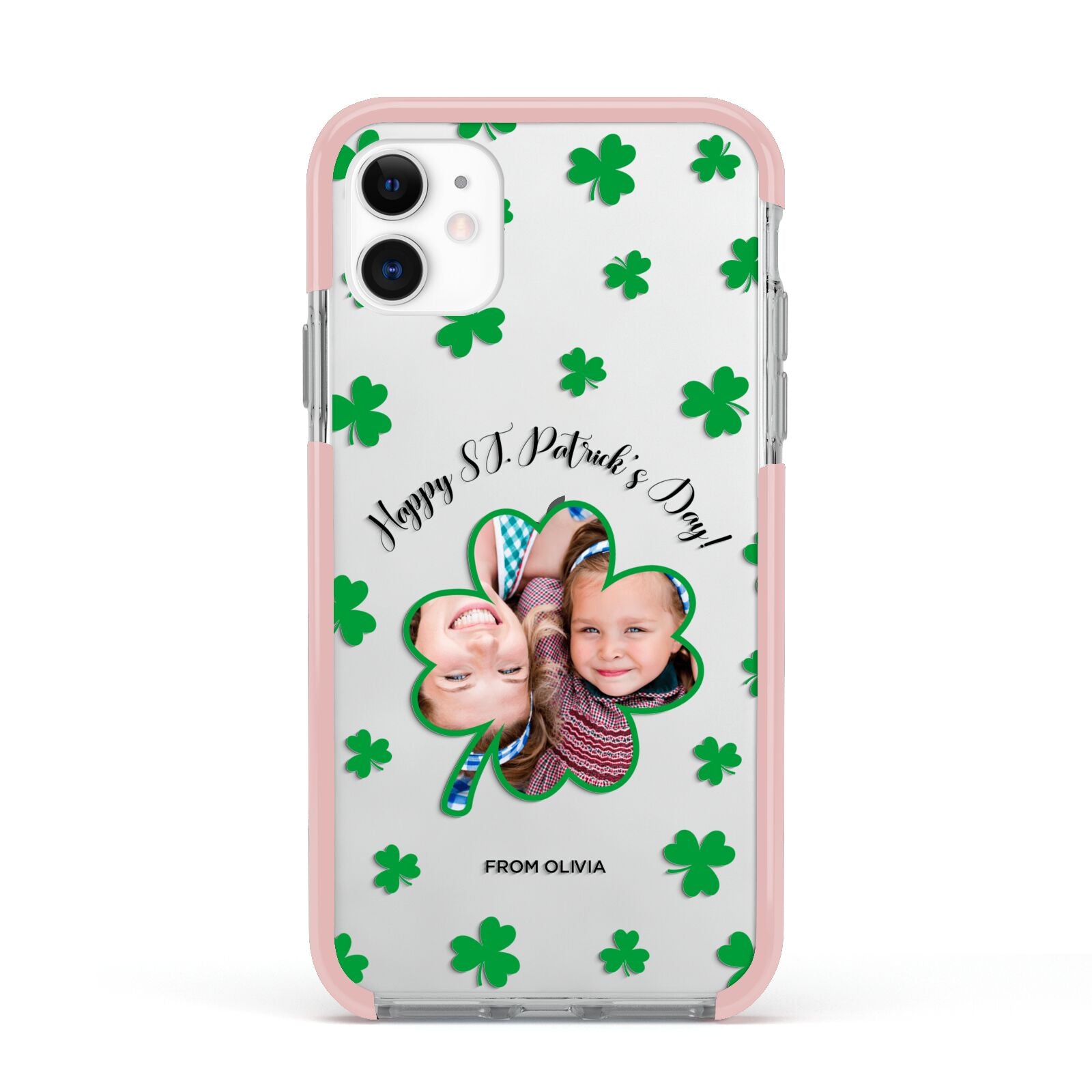 St Patricks Day Photo Upload Apple iPhone 11 in White with Pink Impact Case