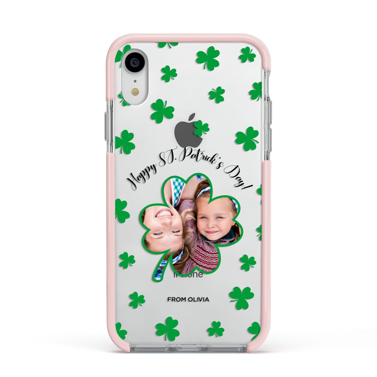 St Patricks Day Photo Upload Apple iPhone XR Impact Case Pink Edge on Silver Phone