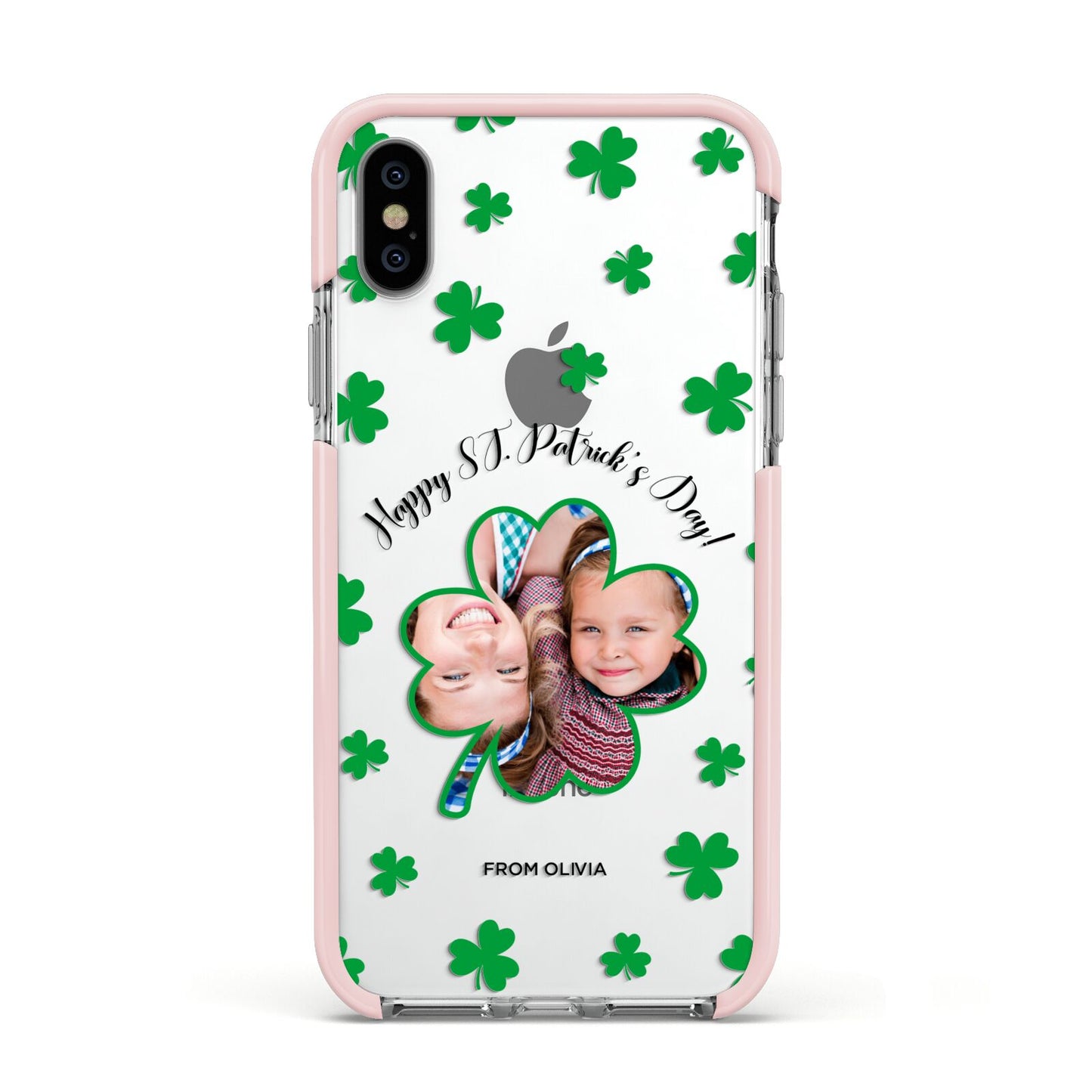 St Patricks Day Photo Upload Apple iPhone Xs Impact Case Pink Edge on Silver Phone