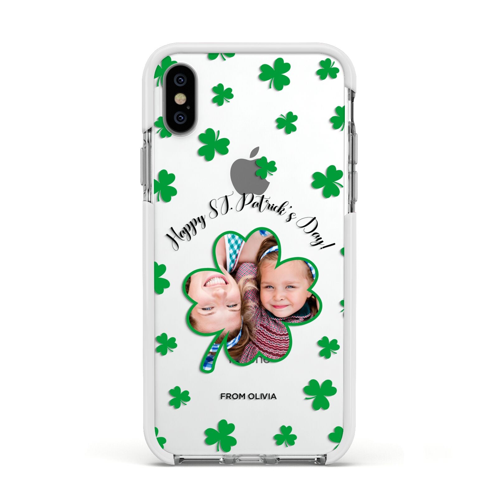 St Patricks Day Photo Upload Apple iPhone Xs Impact Case White Edge on Silver Phone