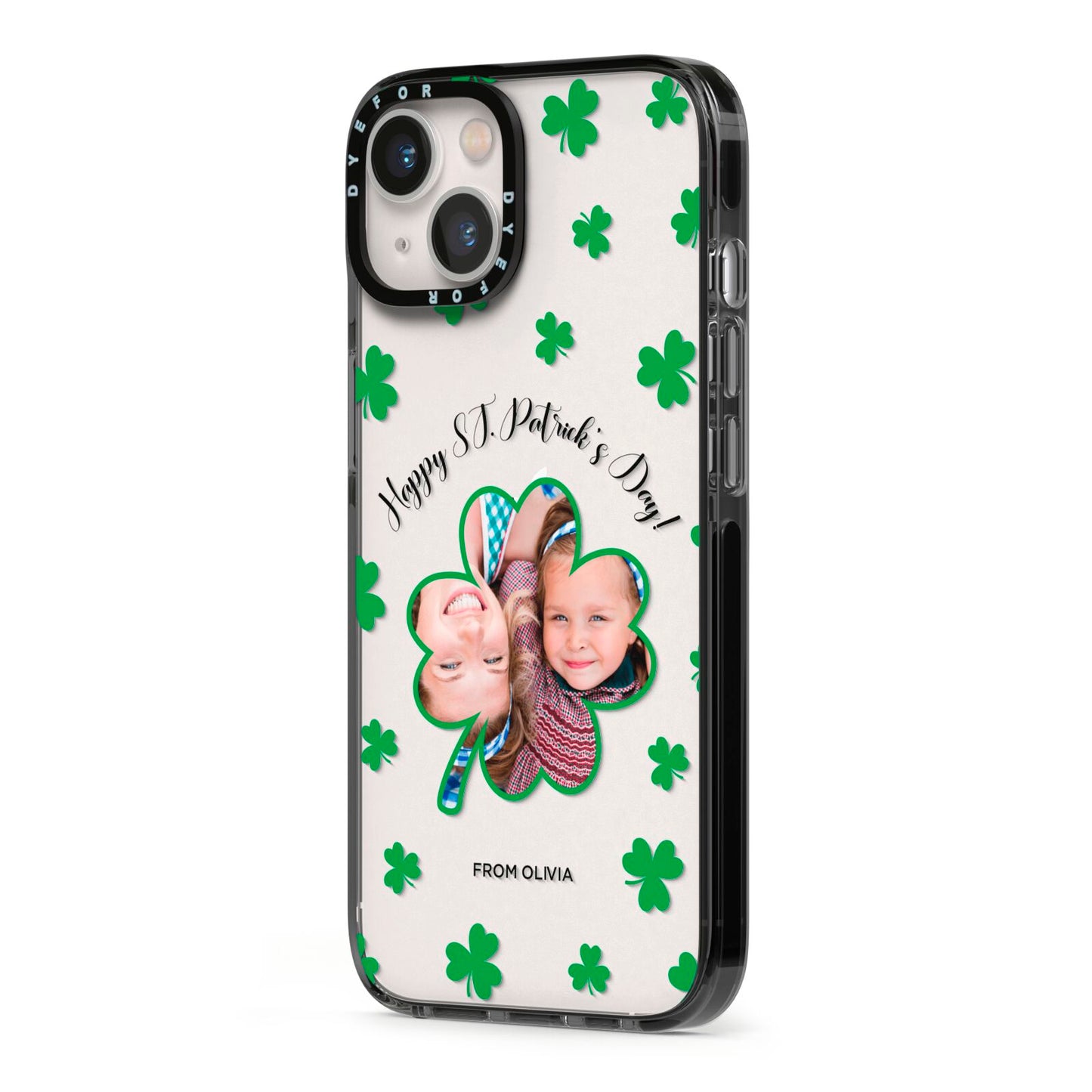 St Patricks Day Photo Upload iPhone 13 Black Impact Case Side Angle on Silver phone