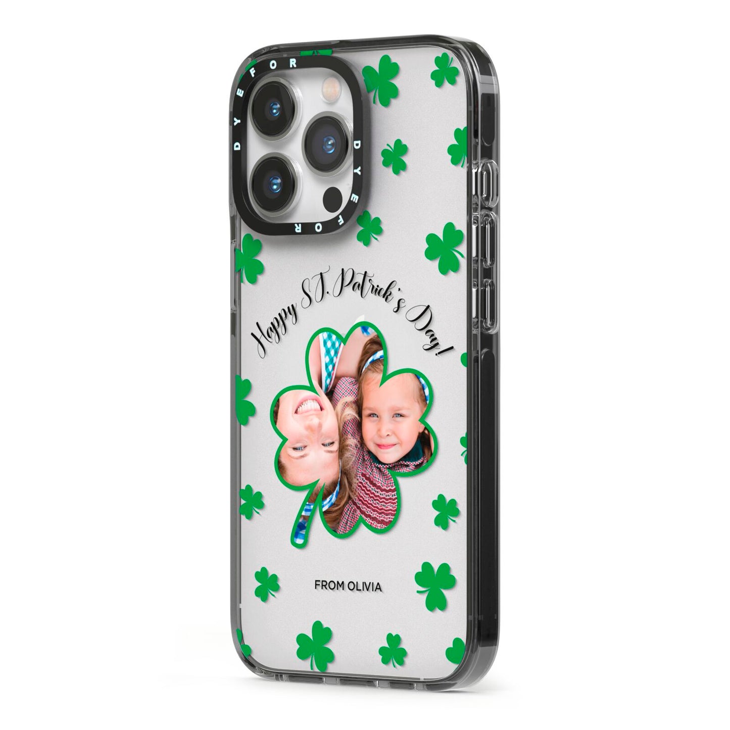 St Patricks Day Photo Upload iPhone 13 Pro Black Impact Case Side Angle on Silver phone