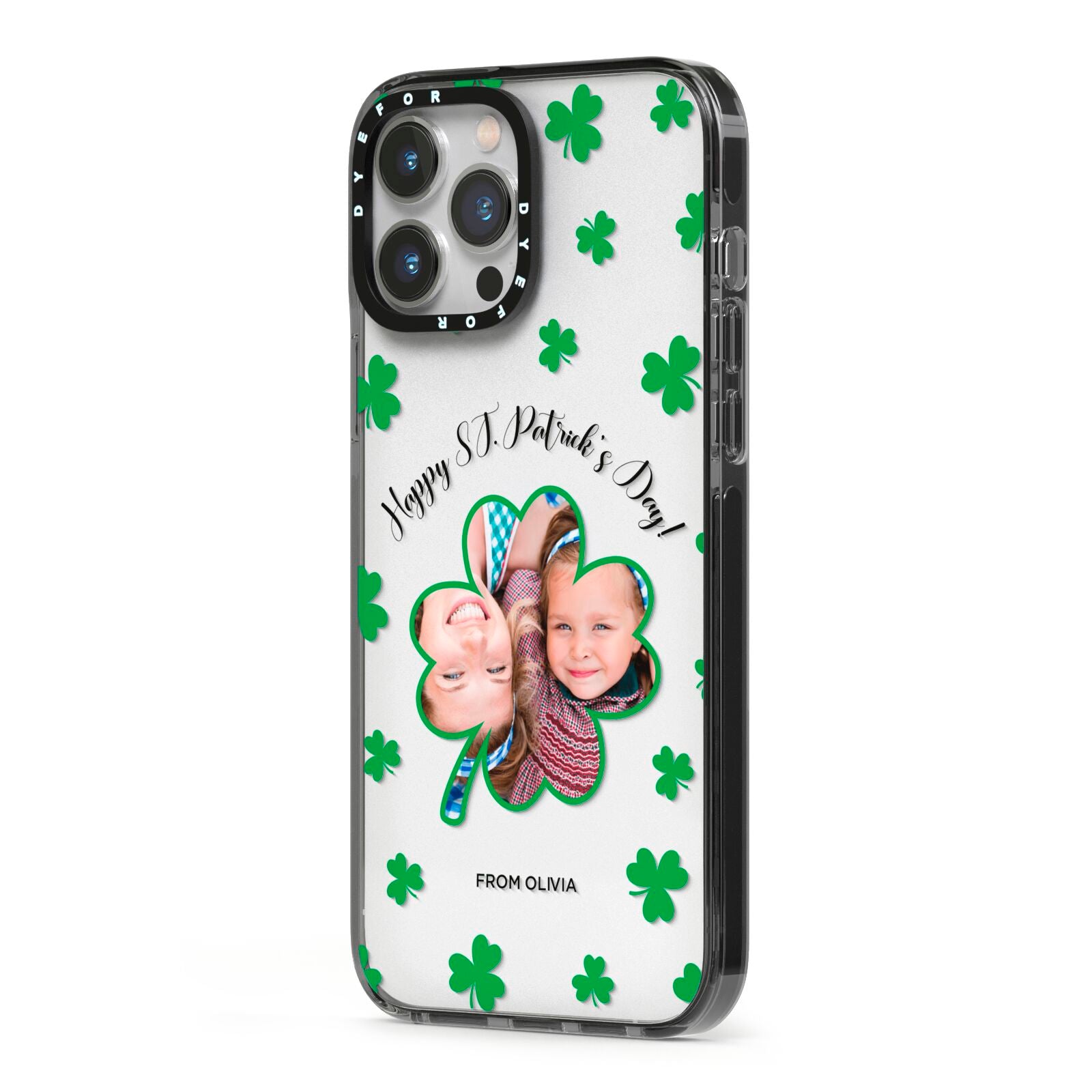 St Patricks Day Photo Upload iPhone 13 Pro Max Black Impact Case Side Angle on Silver phone