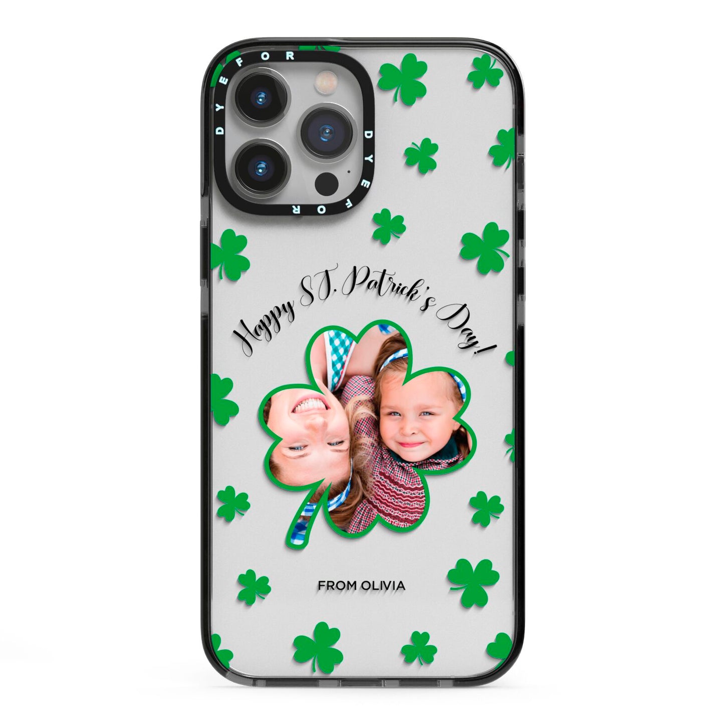 St Patricks Day Photo Upload iPhone 13 Pro Max Black Impact Case on Silver phone