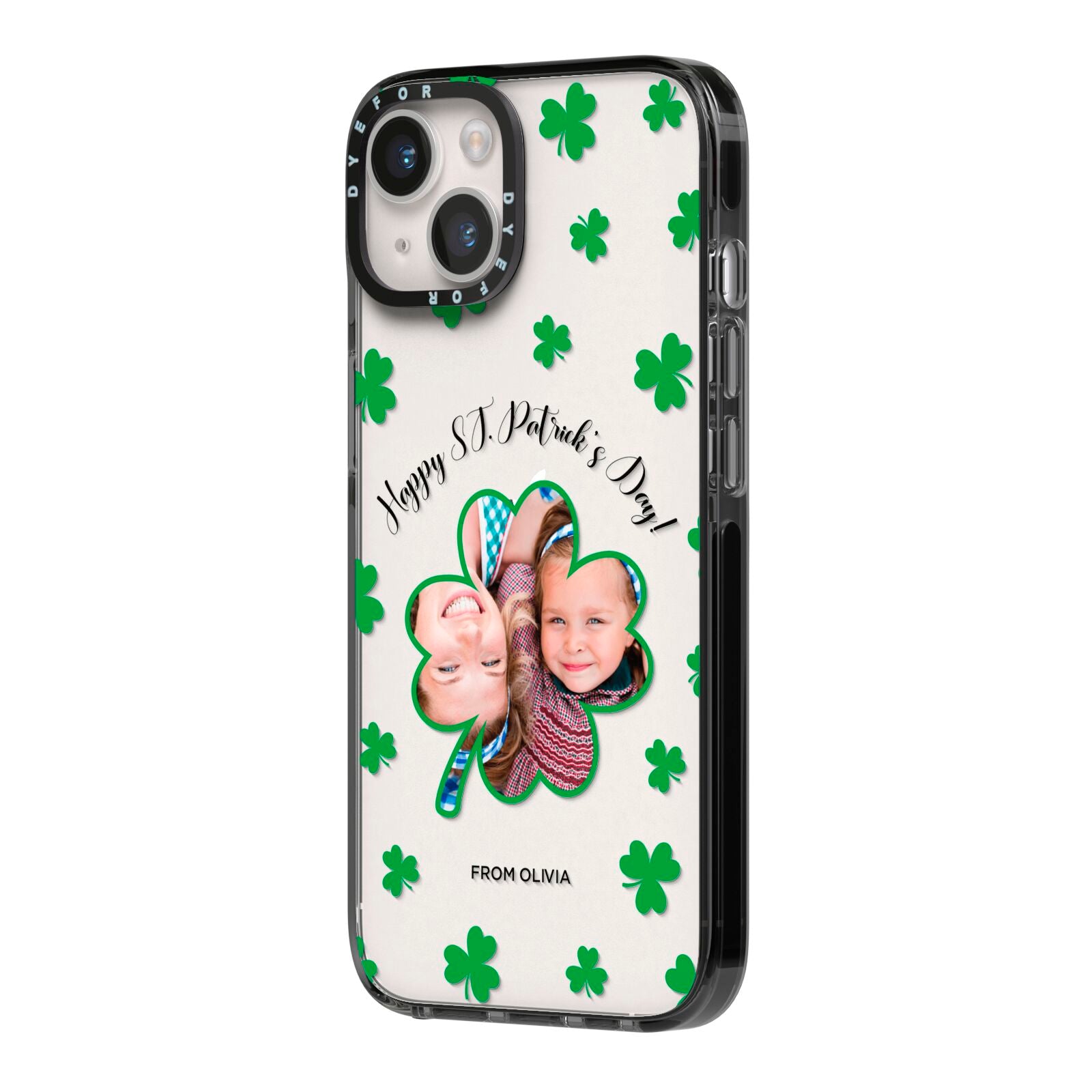 St Patricks Day Photo Upload iPhone 14 Black Impact Case Side Angle on Silver phone