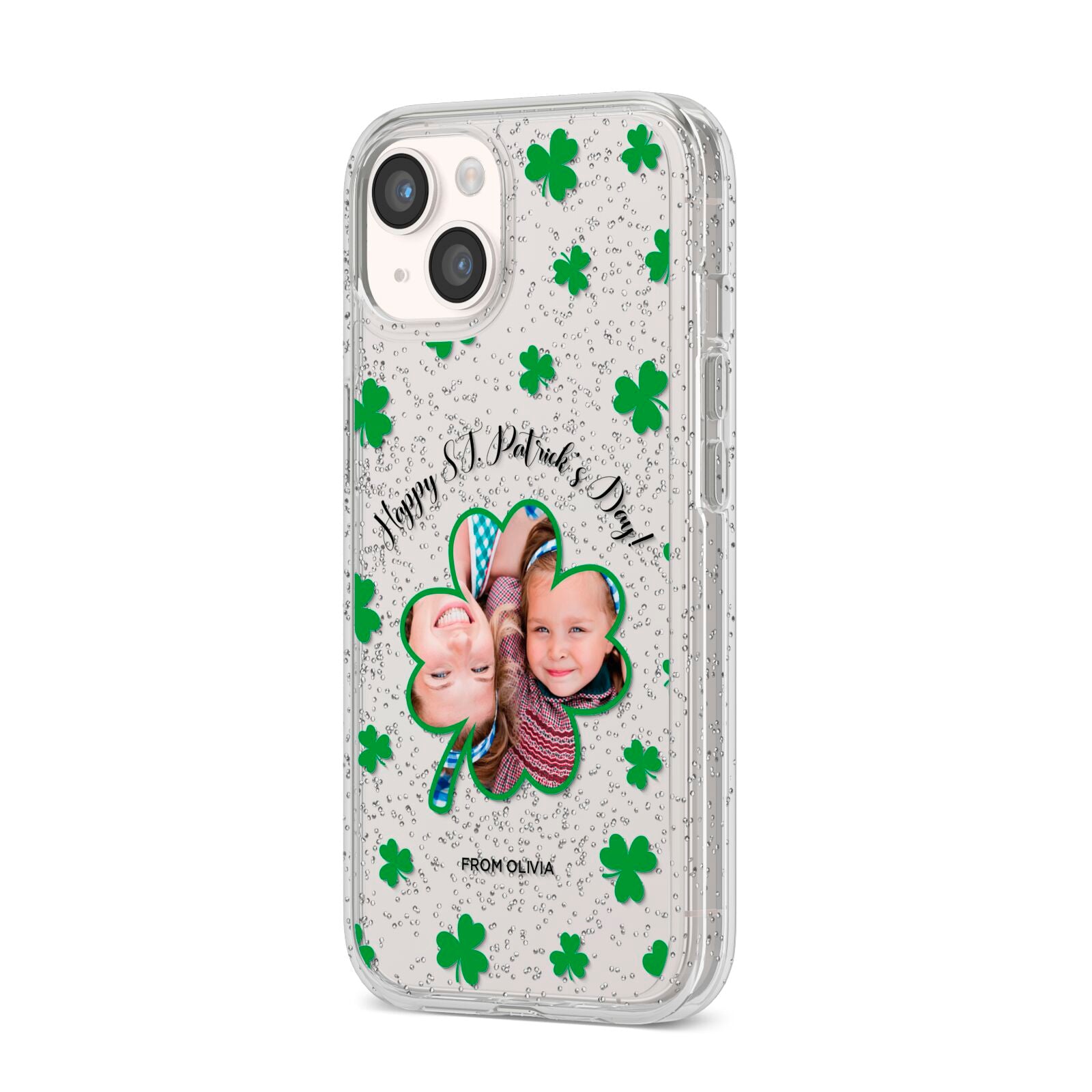 St Patricks Day Photo Upload iPhone 14 Glitter Tough Case Starlight Angled Image