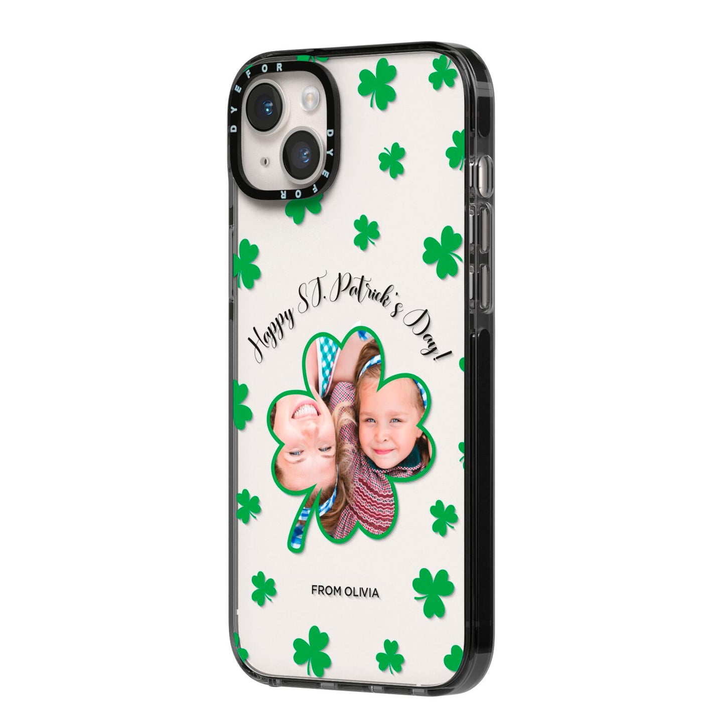 St Patricks Day Photo Upload iPhone 14 Plus Black Impact Case Side Angle on Silver phone