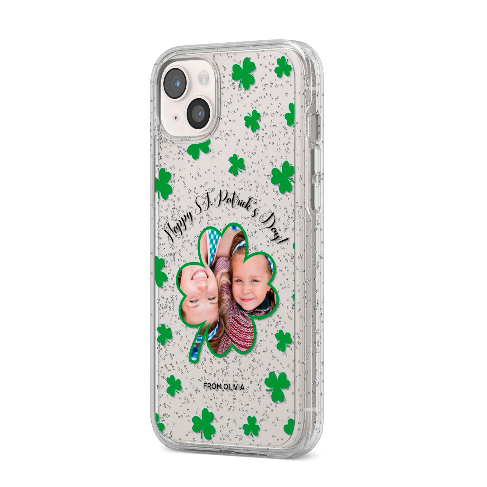 St Patricks Day Photo Upload iPhone 14 Plus Glitter Tough Case Starlight Angled Image