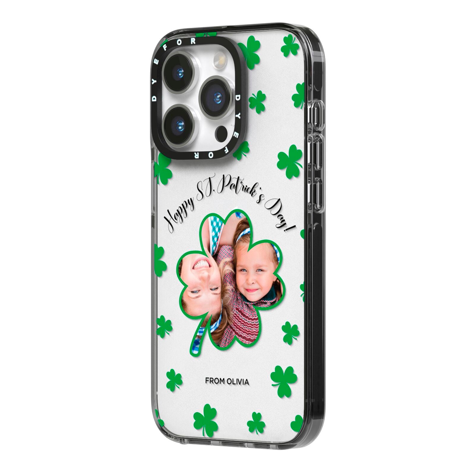 St Patricks Day Photo Upload iPhone 14 Pro Black Impact Case Side Angle on Silver phone