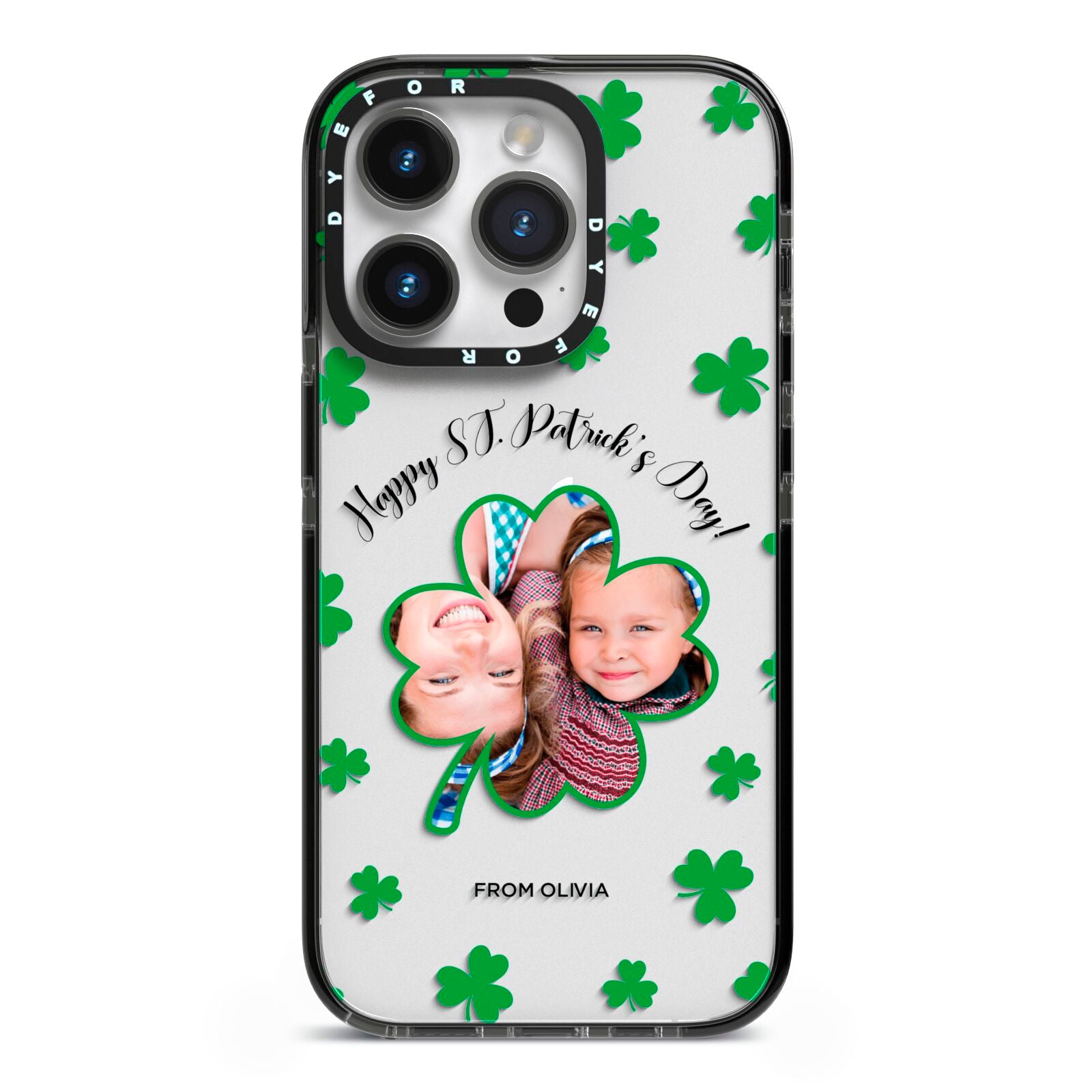 St Patricks Day Photo Upload iPhone 14 Pro Black Impact Case on Silver phone