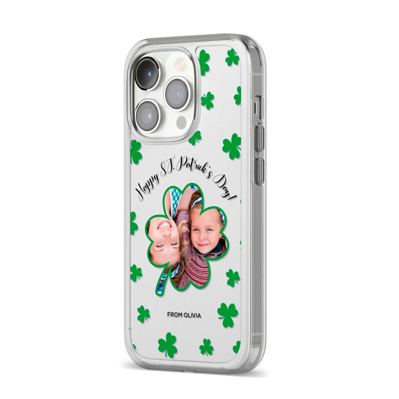St Patricks Day Photo Upload iPhone 14 Pro Clear Tough Case Silver Angled Image