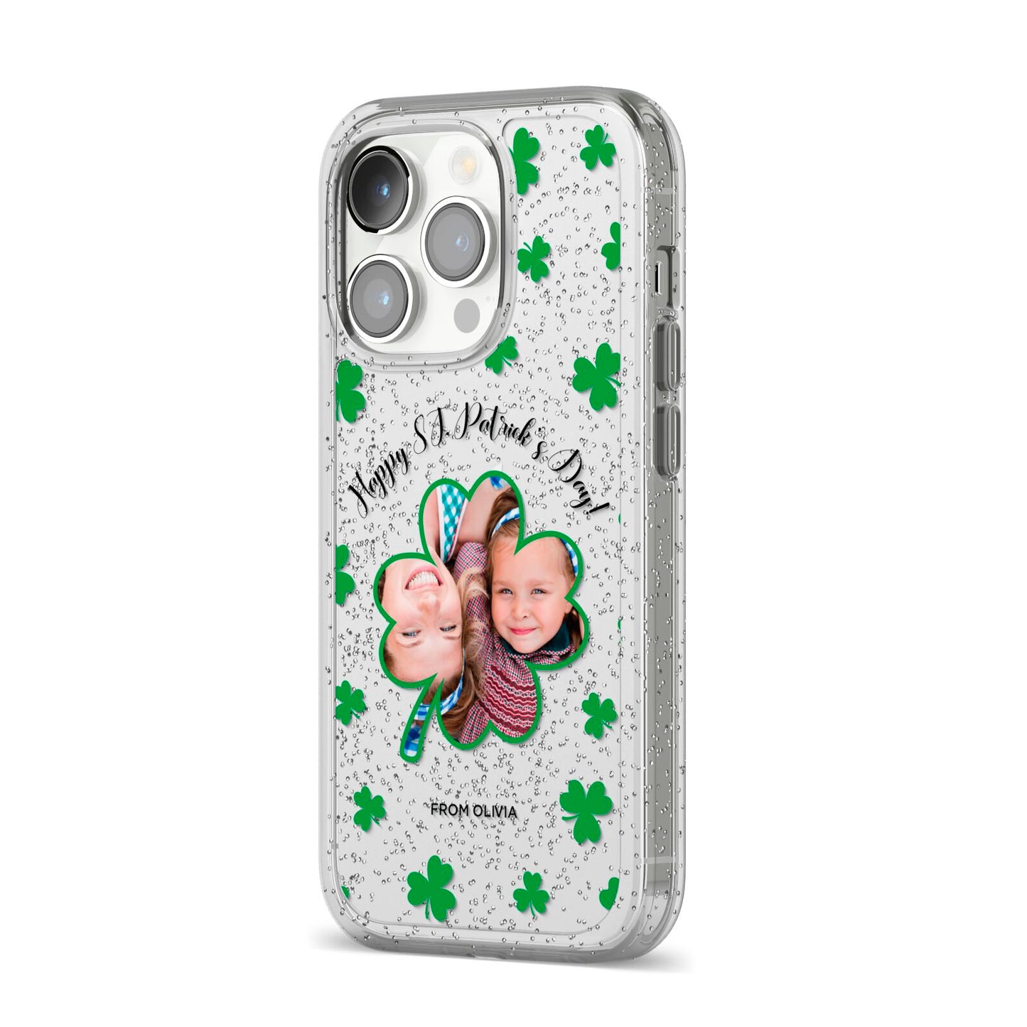 St Patricks Day Photo Upload iPhone 14 Pro Glitter Tough Case Silver Angled Image