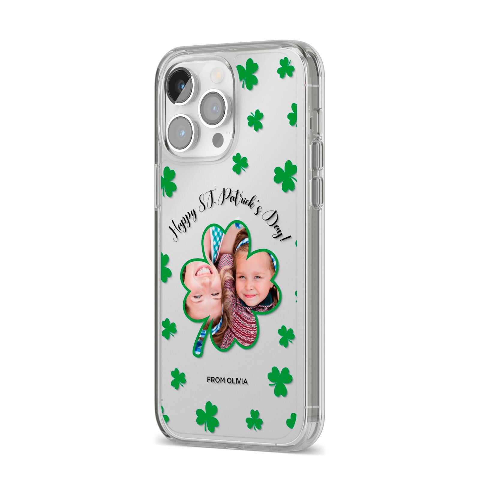 St Patricks Day Photo Upload iPhone 14 Pro Max Clear Tough Case Silver Angled Image