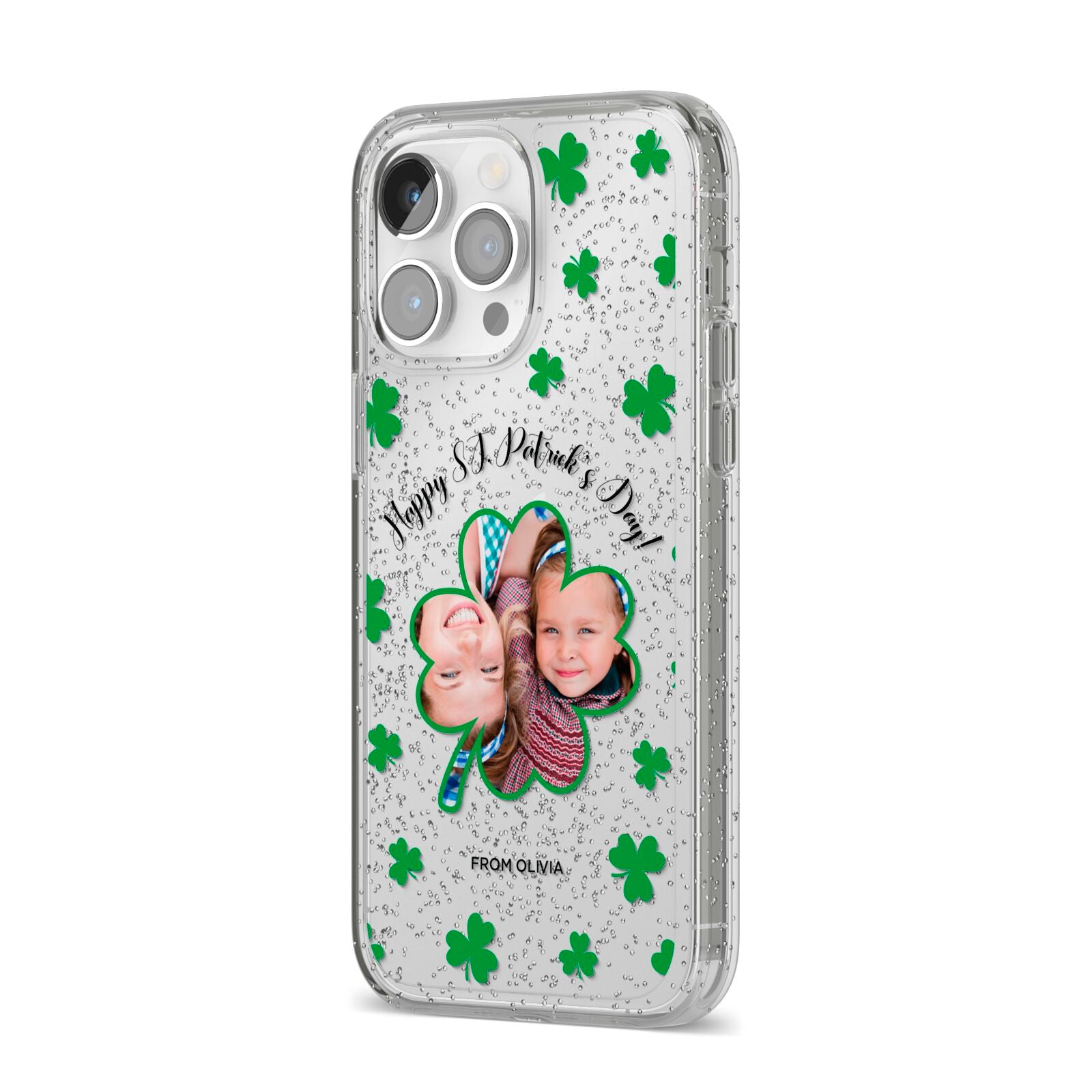 St Patricks Day Photo Upload iPhone 14 Pro Max Glitter Tough Case Silver Angled Image
