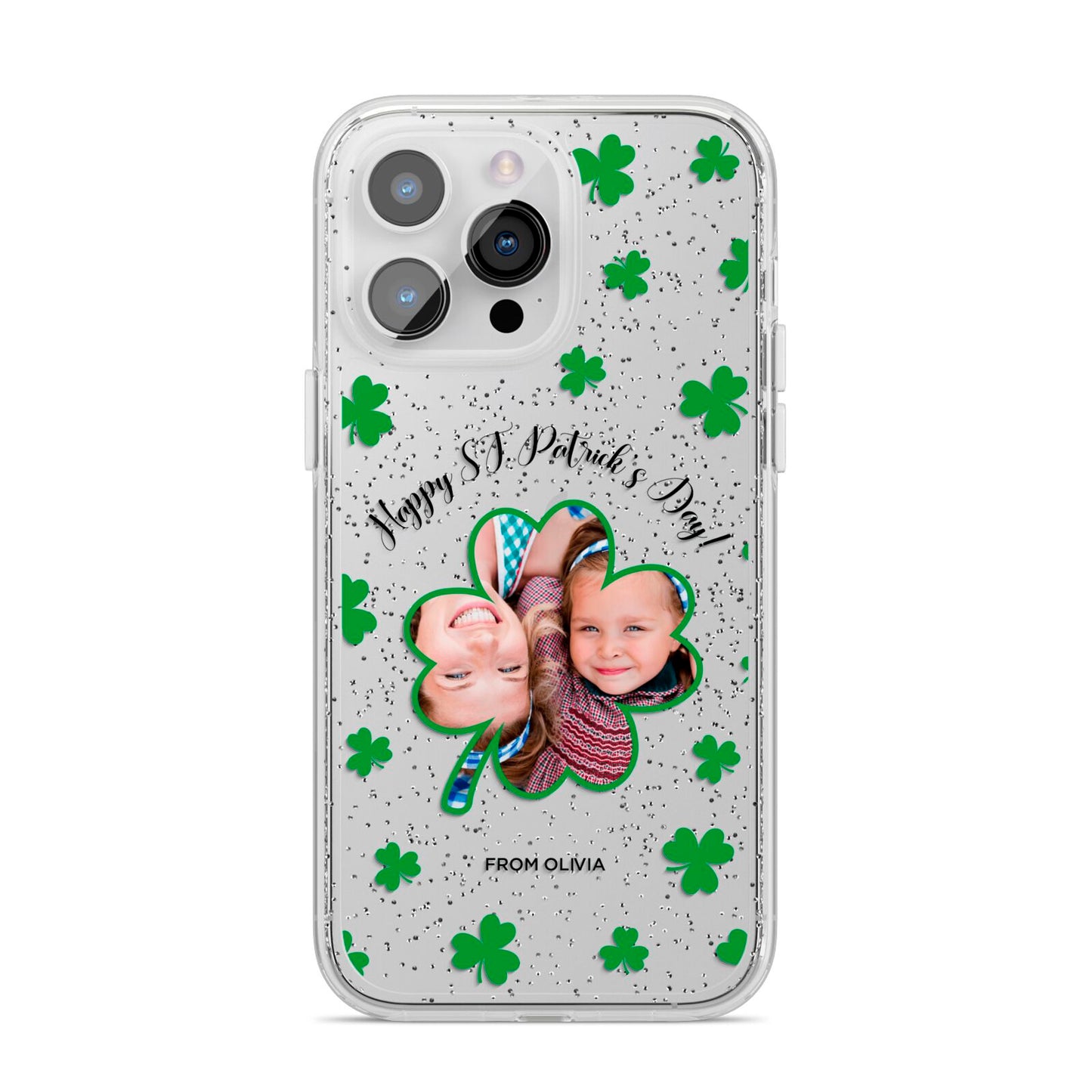 St Patricks Day Photo Upload iPhone 14 Pro Max Glitter Tough Case Silver