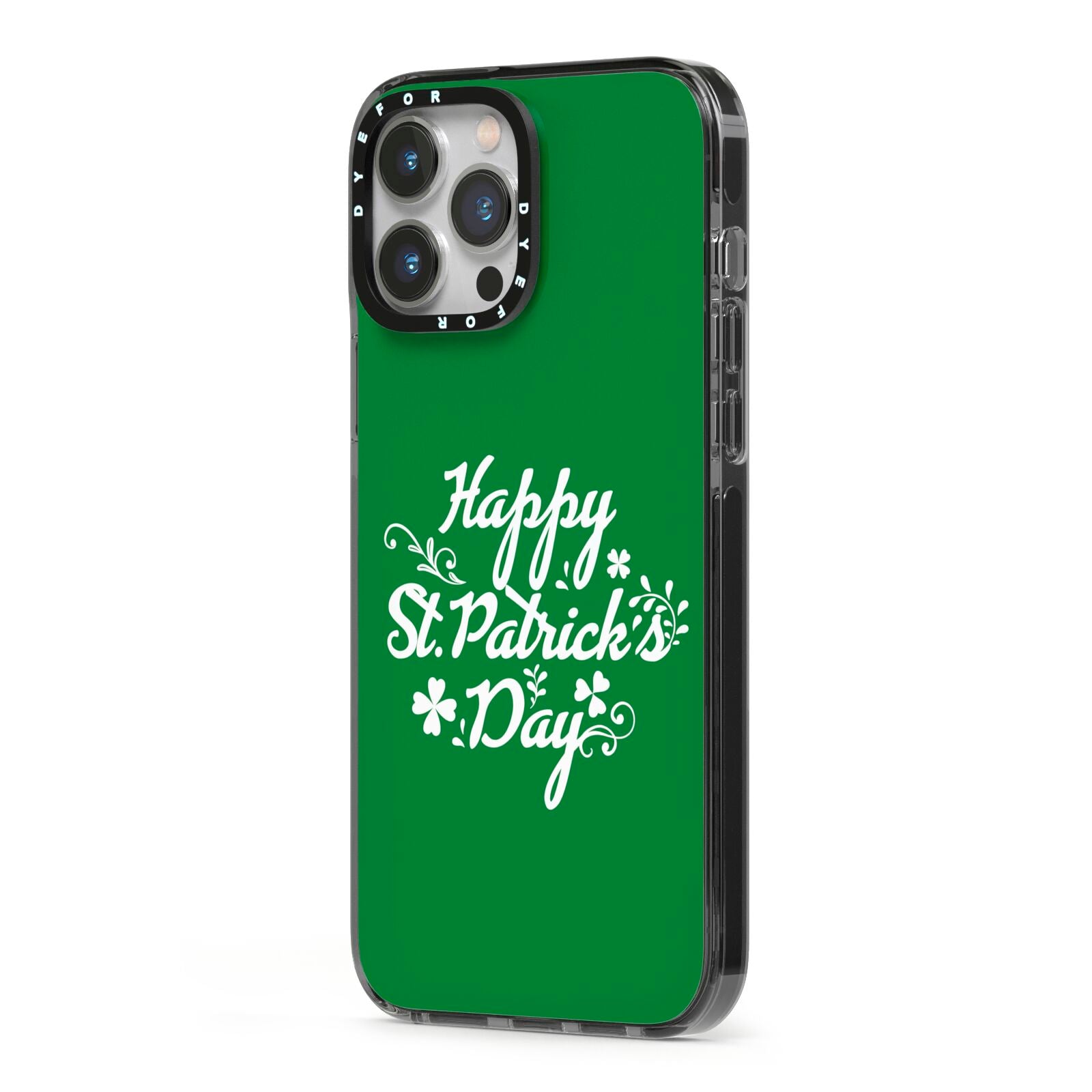 St Patricks Day iPhone 13 Pro Max Black Impact Case Side Angle on Silver phone