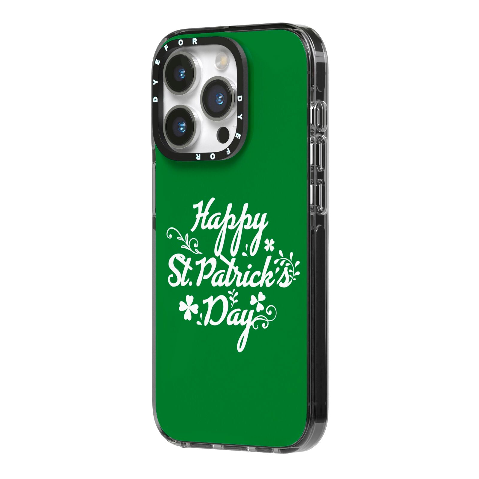 St Patricks Day iPhone 14 Pro Black Impact Case Side Angle on Silver phone
