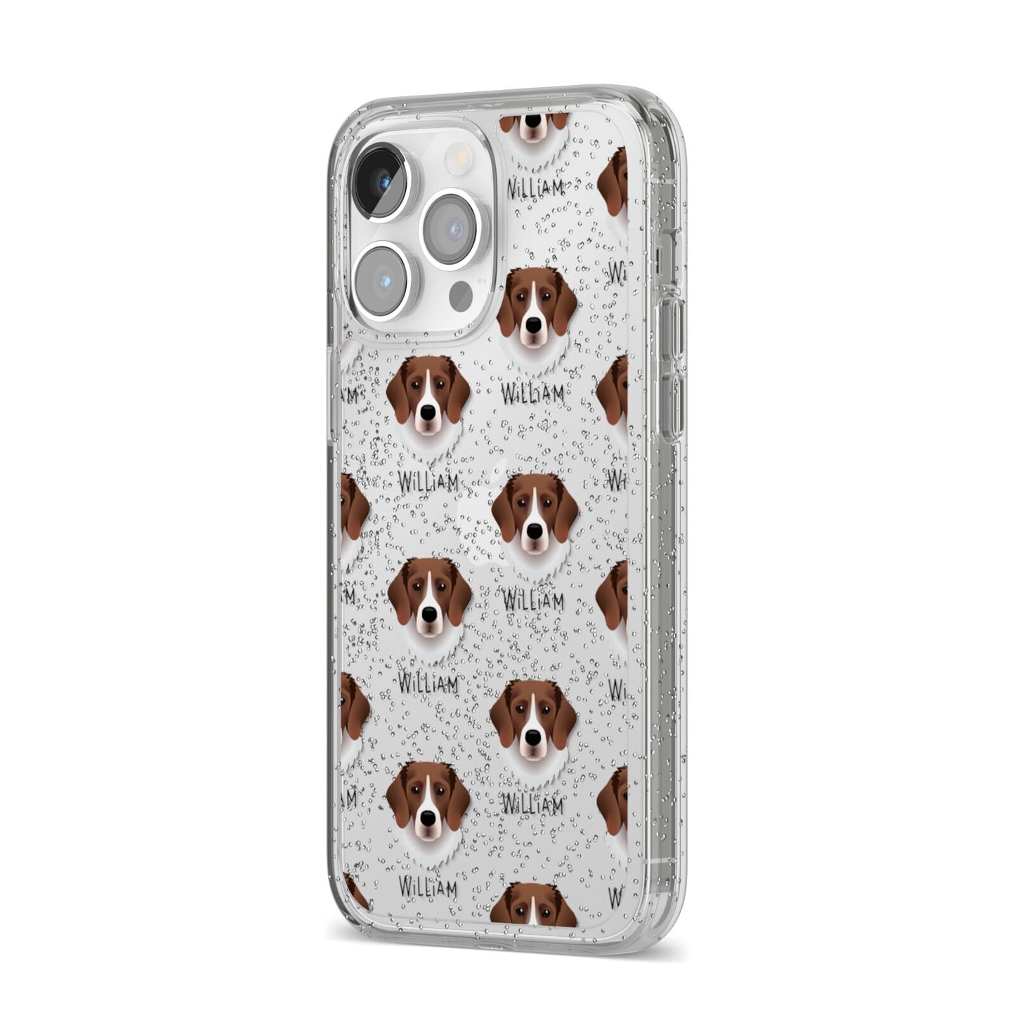 Stabyhoun Icon with Name iPhone 14 Pro Max Glitter Tough Case Silver Angled Image