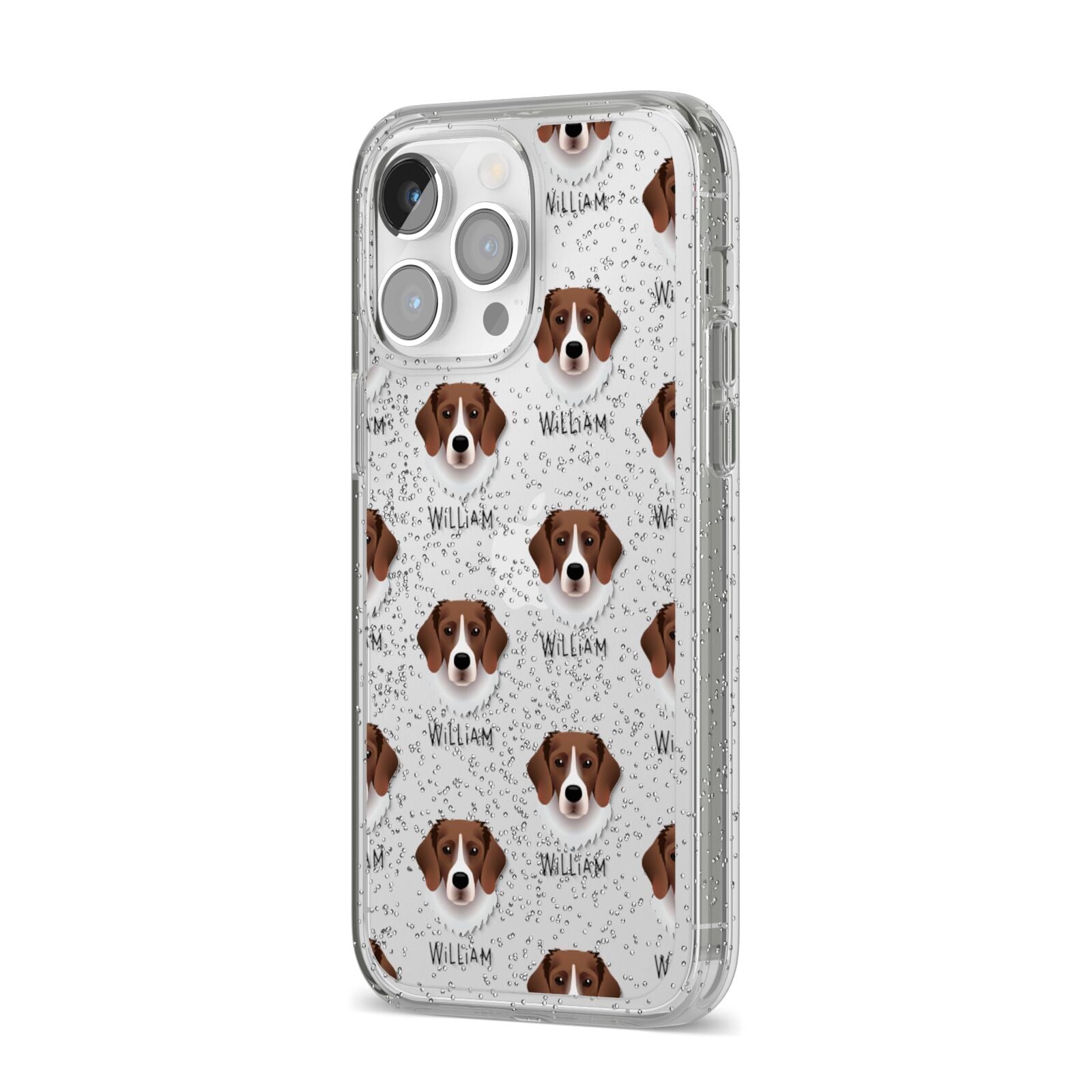 Stabyhoun Icon with Name iPhone 14 Pro Max Glitter Tough Case Silver Angled Image