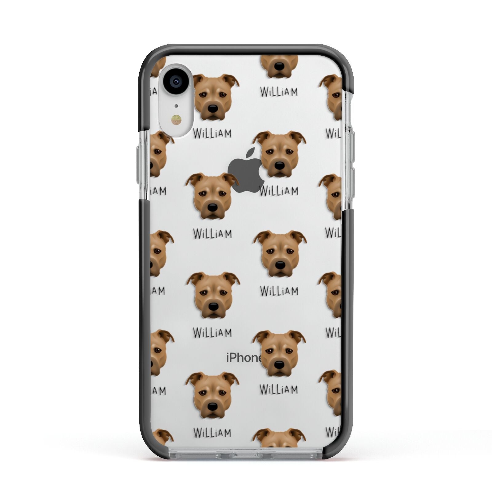 Staffordshire Bull Terrier Icon with Name Apple iPhone XR Impact Case Black Edge on Silver Phone