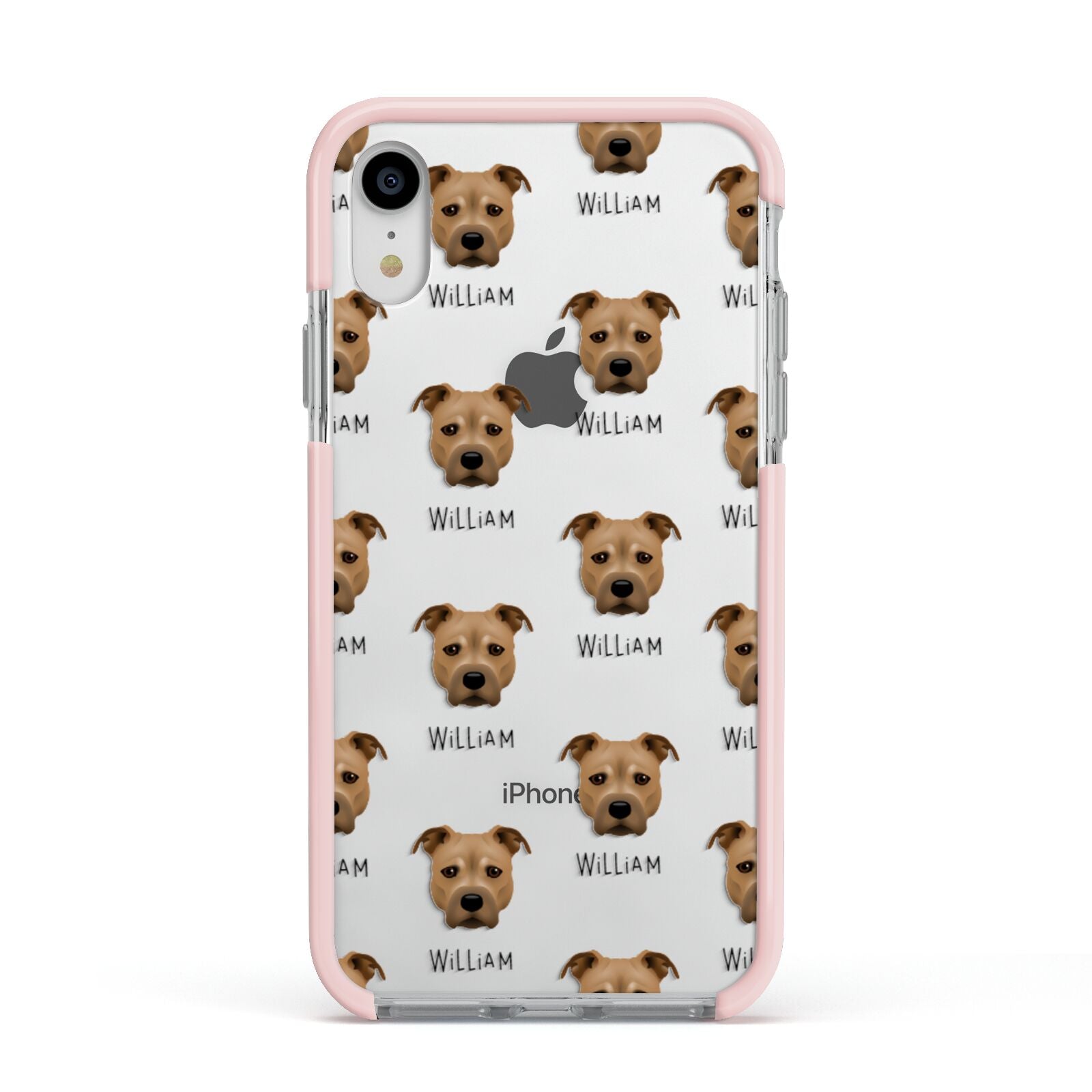 Staffordshire Bull Terrier Icon with Name Apple iPhone XR Impact Case Pink Edge on Silver Phone