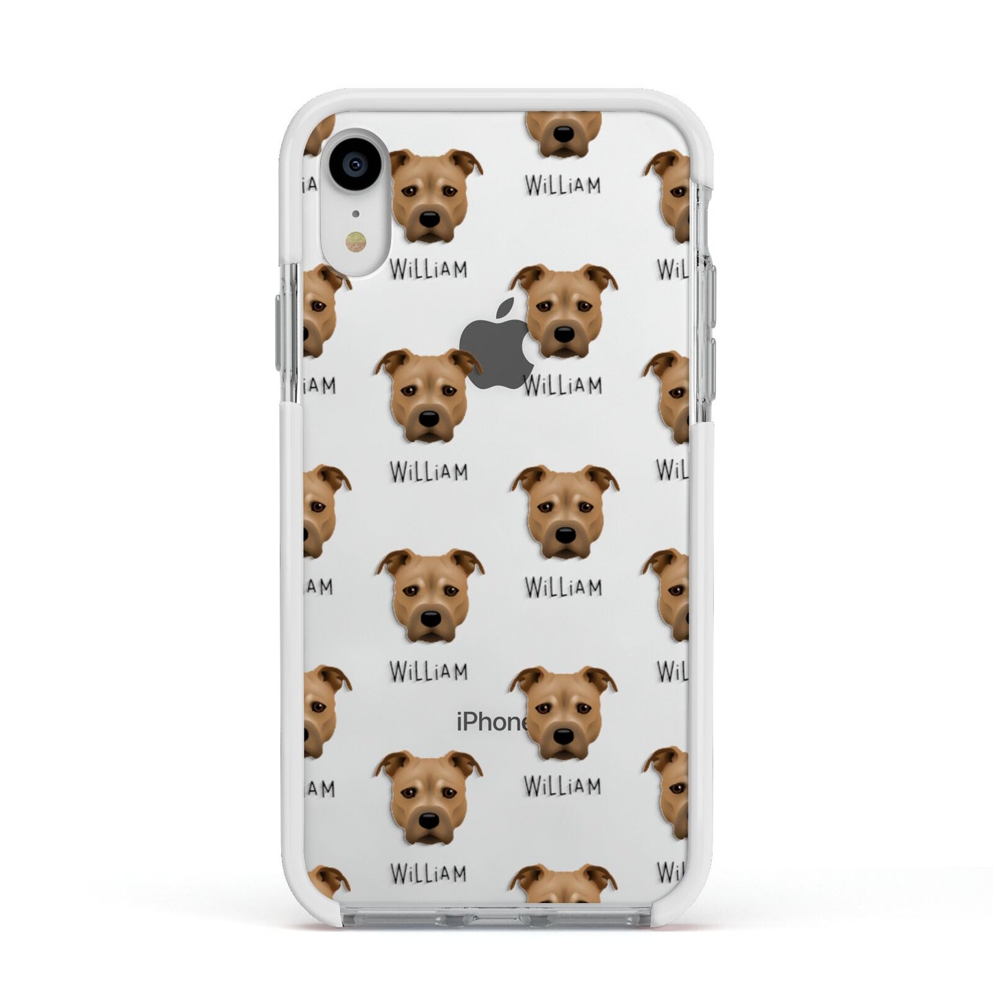 Staffordshire Bull Terrier Icon with Name Apple iPhone XR Impact Case White Edge on Silver Phone