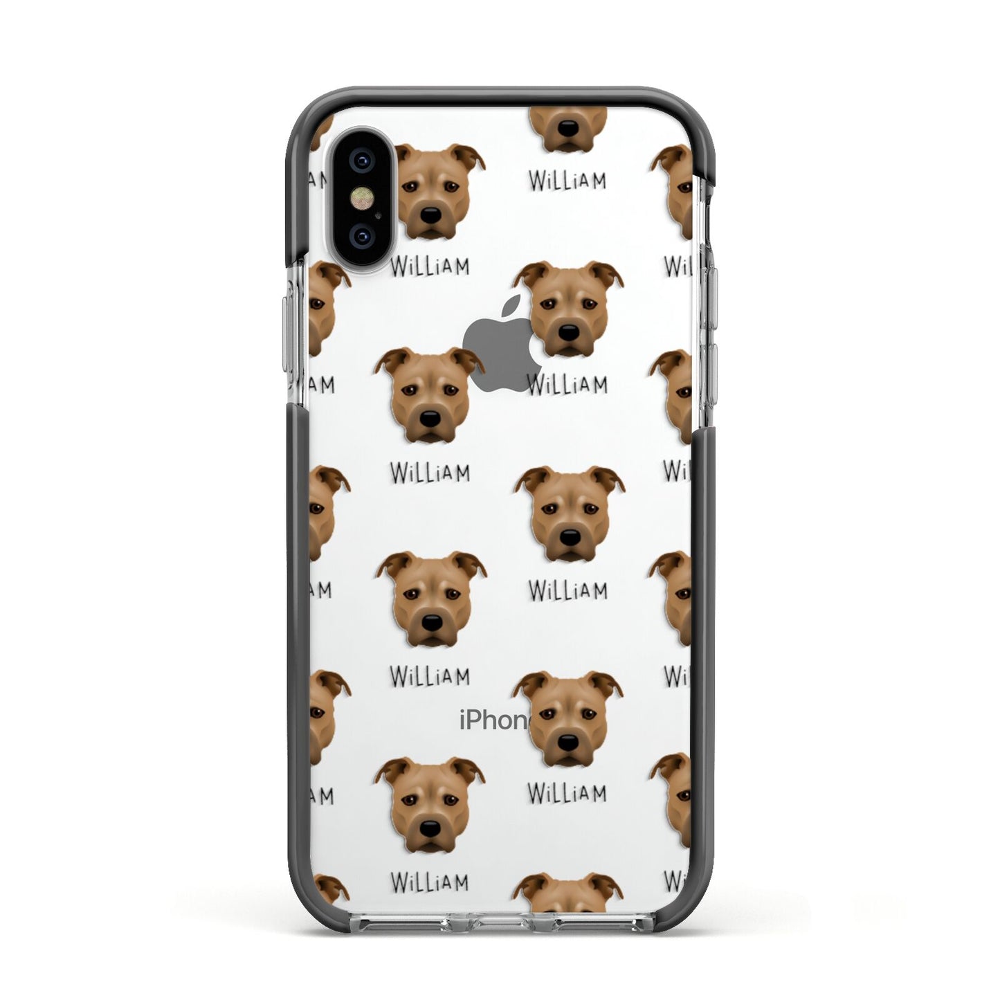 Staffordshire Bull Terrier Icon with Name Apple iPhone Xs Impact Case Black Edge on Silver Phone