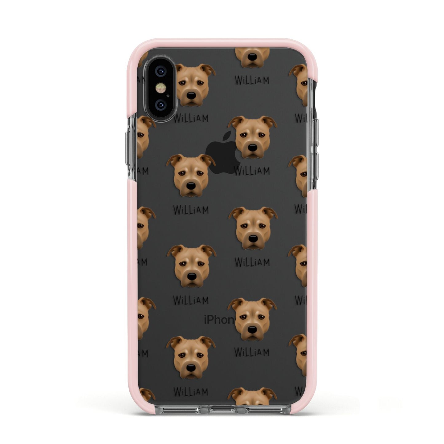 Staffordshire Bull Terrier Icon with Name Apple iPhone Xs Impact Case Pink Edge on Black Phone