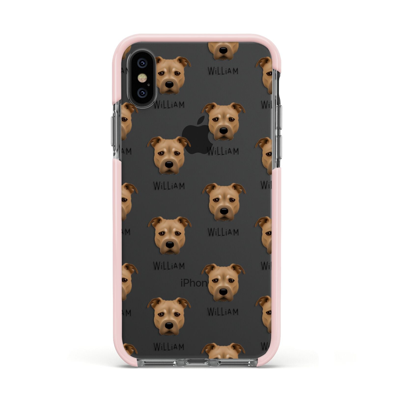 Staffordshire Bull Terrier Icon with Name Apple iPhone Xs Impact Case Pink Edge on Black Phone