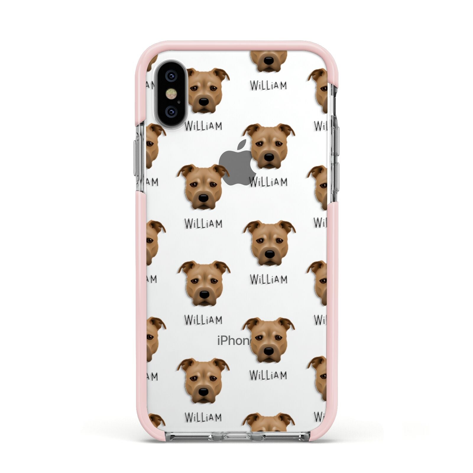 Staffordshire Bull Terrier Icon with Name Apple iPhone Xs Impact Case Pink Edge on Silver Phone