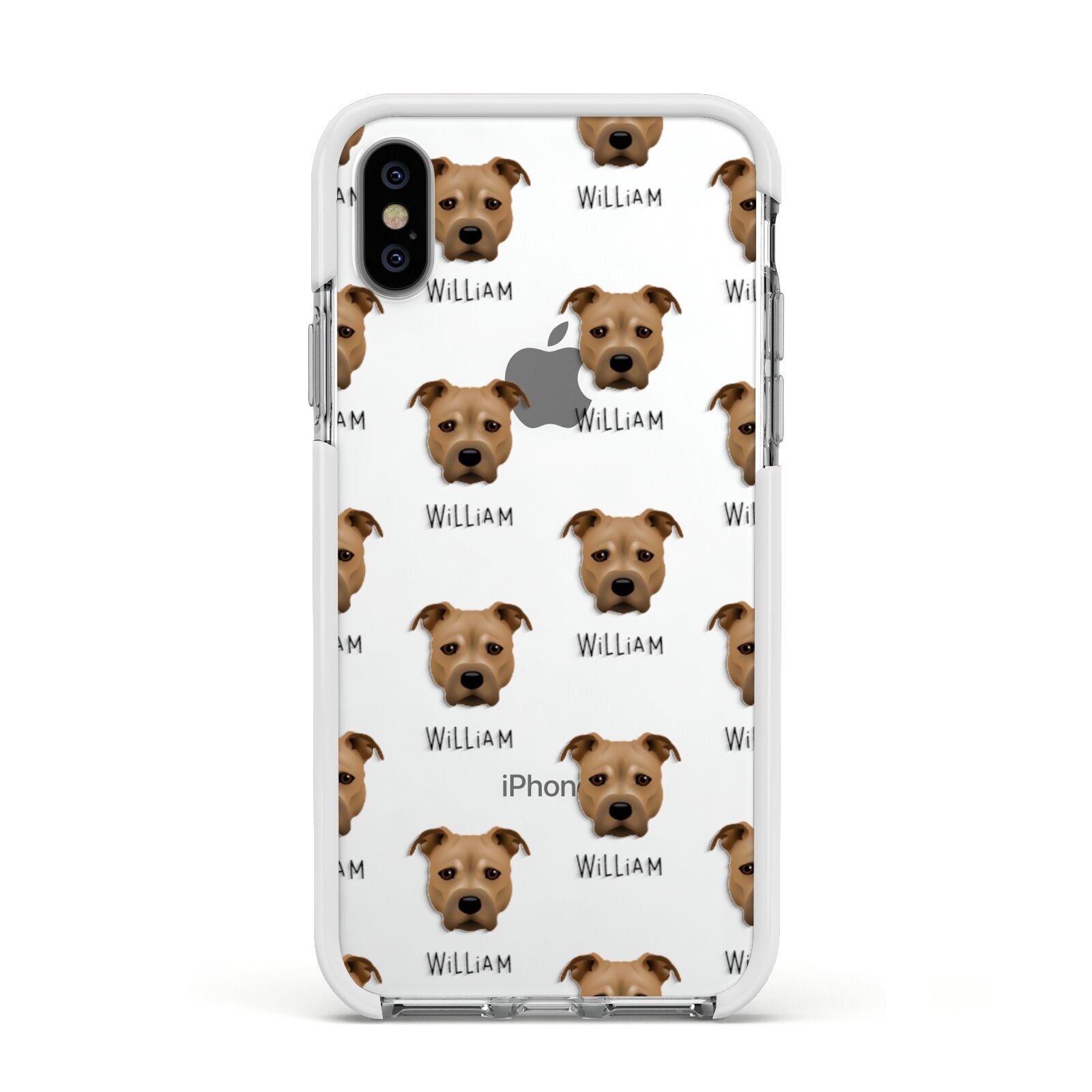 Staffordshire Bull Terrier Icon with Name Apple iPhone Xs Impact Case White Edge on Silver Phone