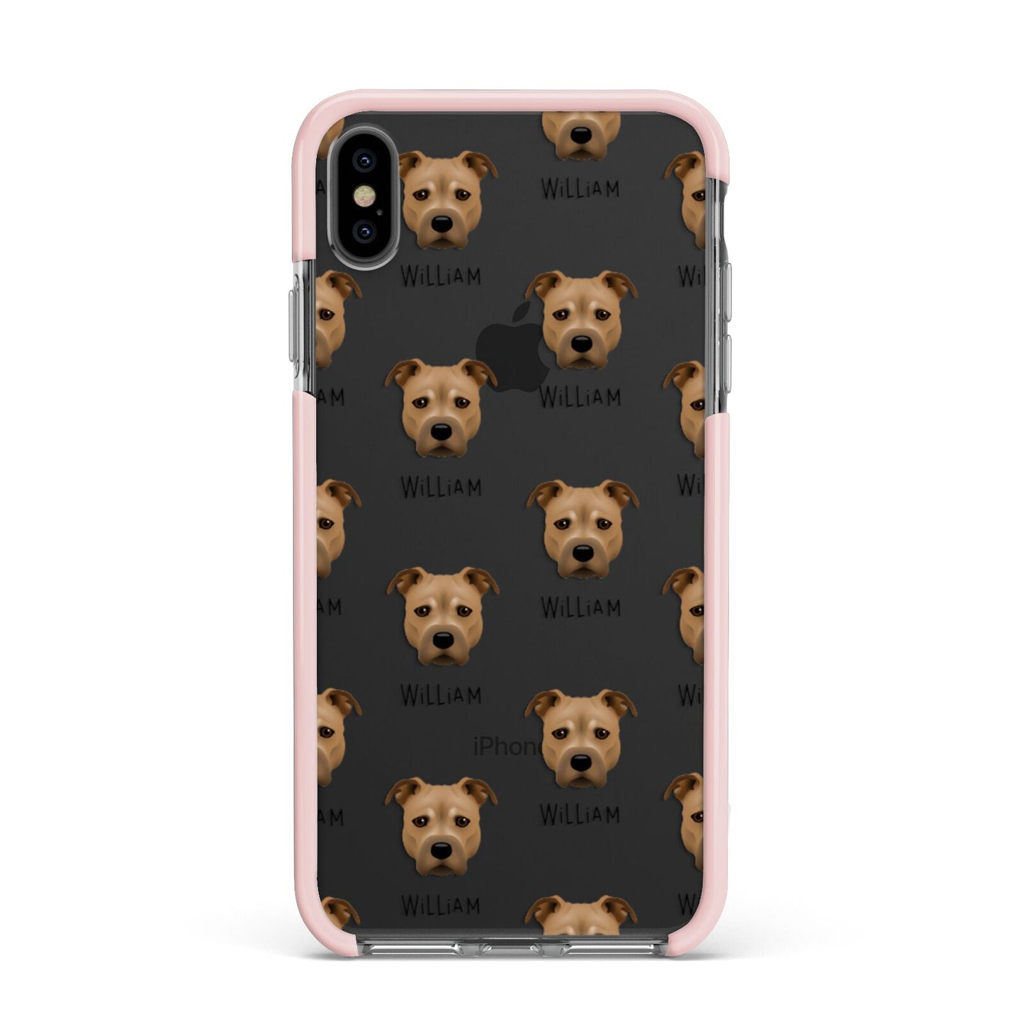 Staffordshire Bull Terrier Icon with Name Apple iPhone Xs Max Impact Case Pink Edge on Black Phone