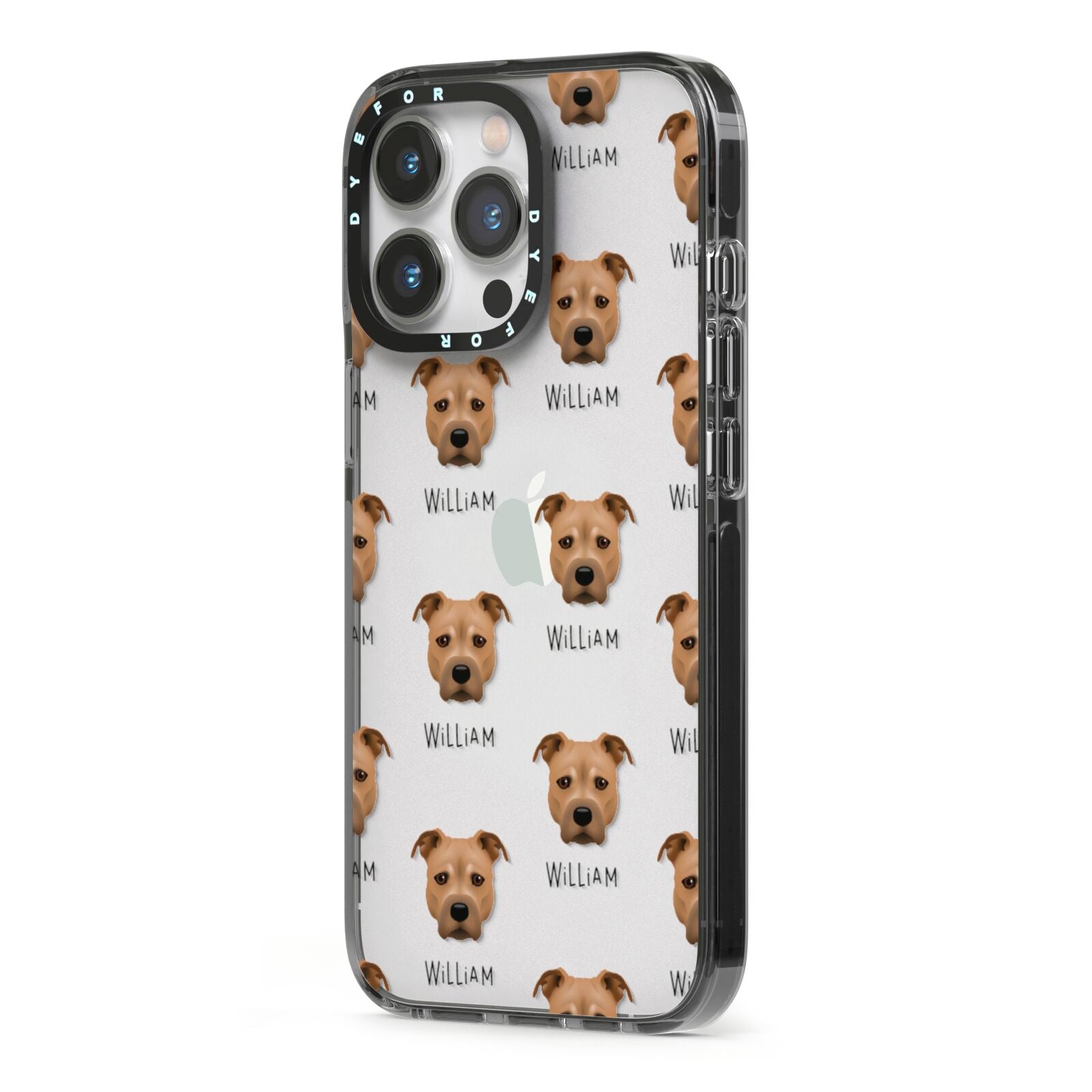 Staffordshire Bull Terrier Icon with Name iPhone 13 Pro Black Impact Case Side Angle on Silver phone
