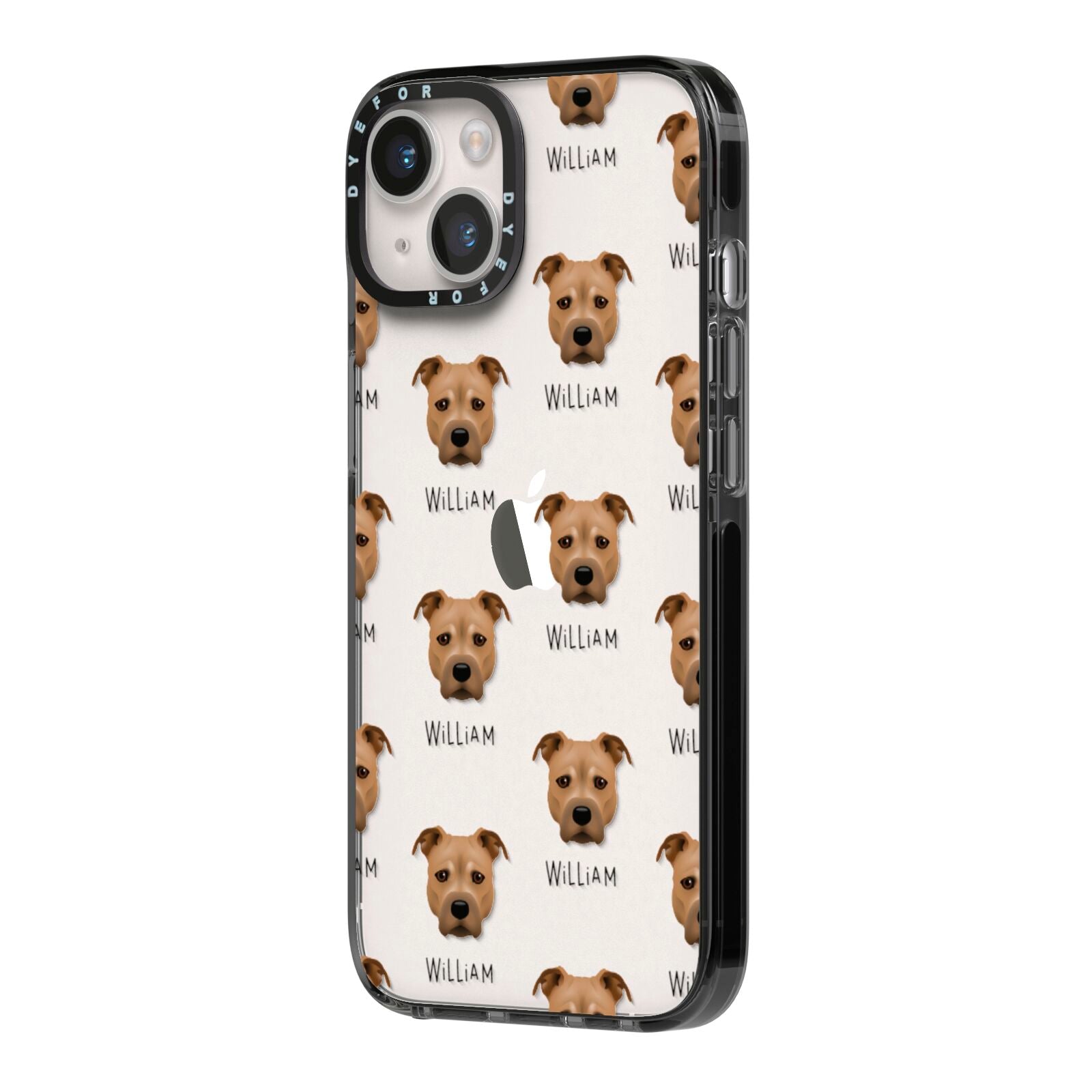 Staffordshire Bull Terrier Icon with Name iPhone 14 Black Impact Case Side Angle on Silver phone