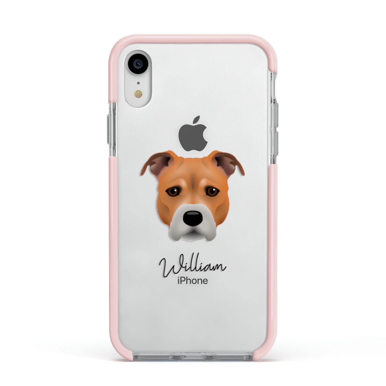 Staffordshire Bull Terrier Personalised Apple iPhone XR Impact Case Pink Edge on Silver Phone