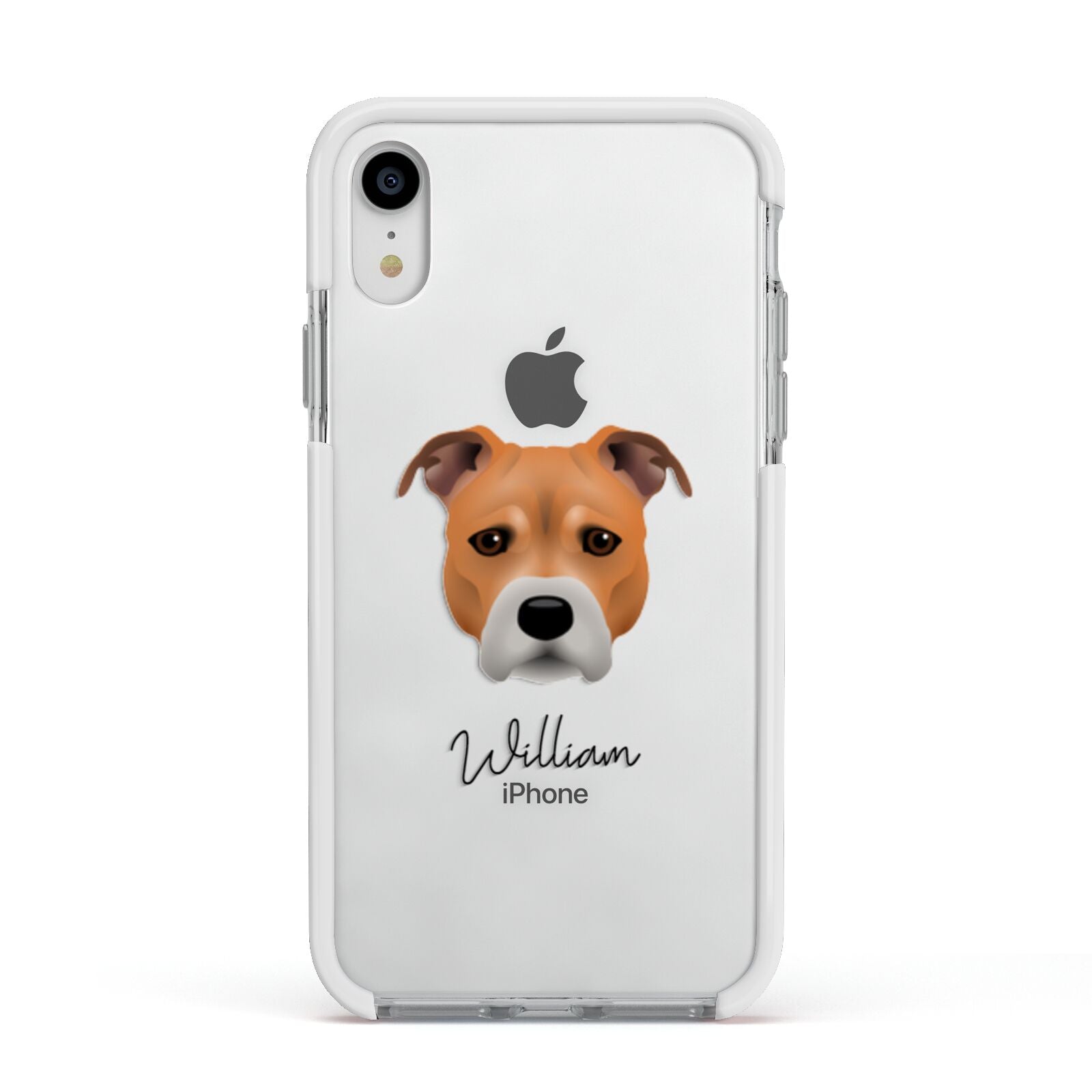 Staffordshire Bull Terrier Personalised Apple iPhone XR Impact Case White Edge on Silver Phone