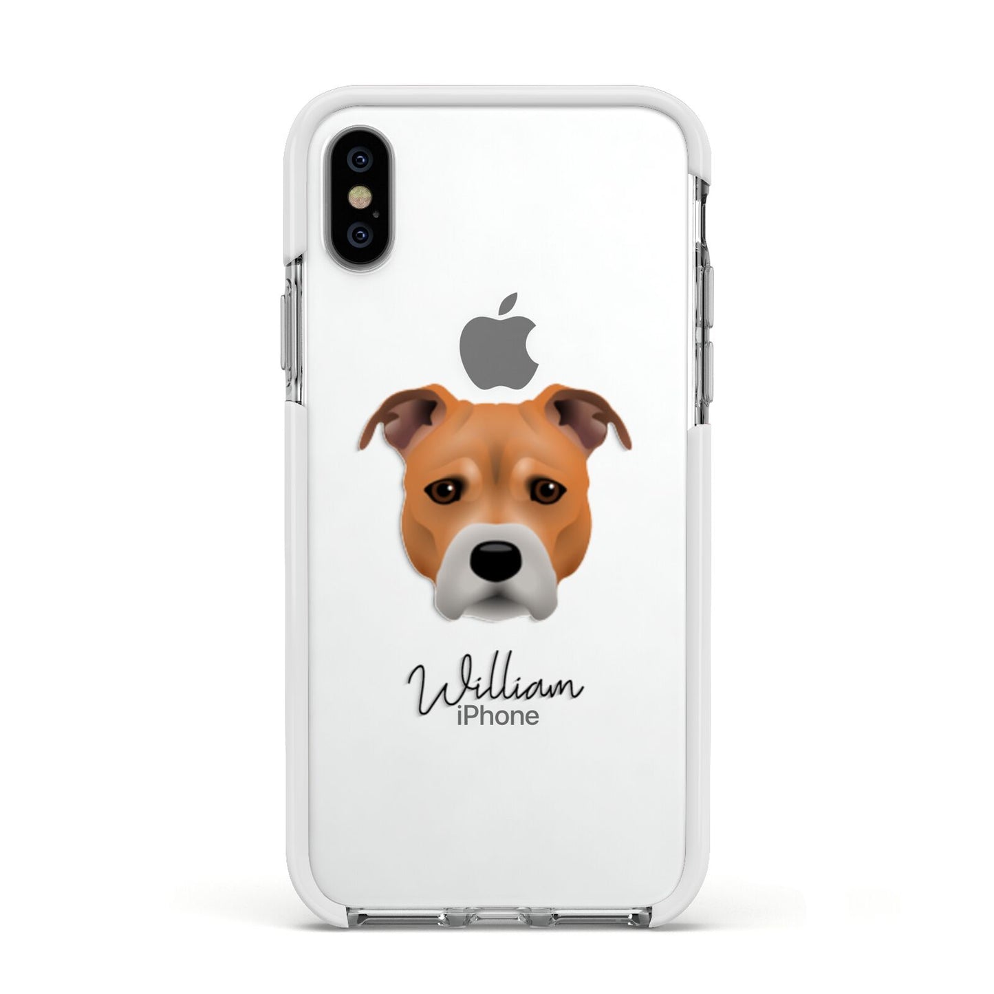 Staffordshire Bull Terrier Personalised Apple iPhone Xs Impact Case White Edge on Silver Phone