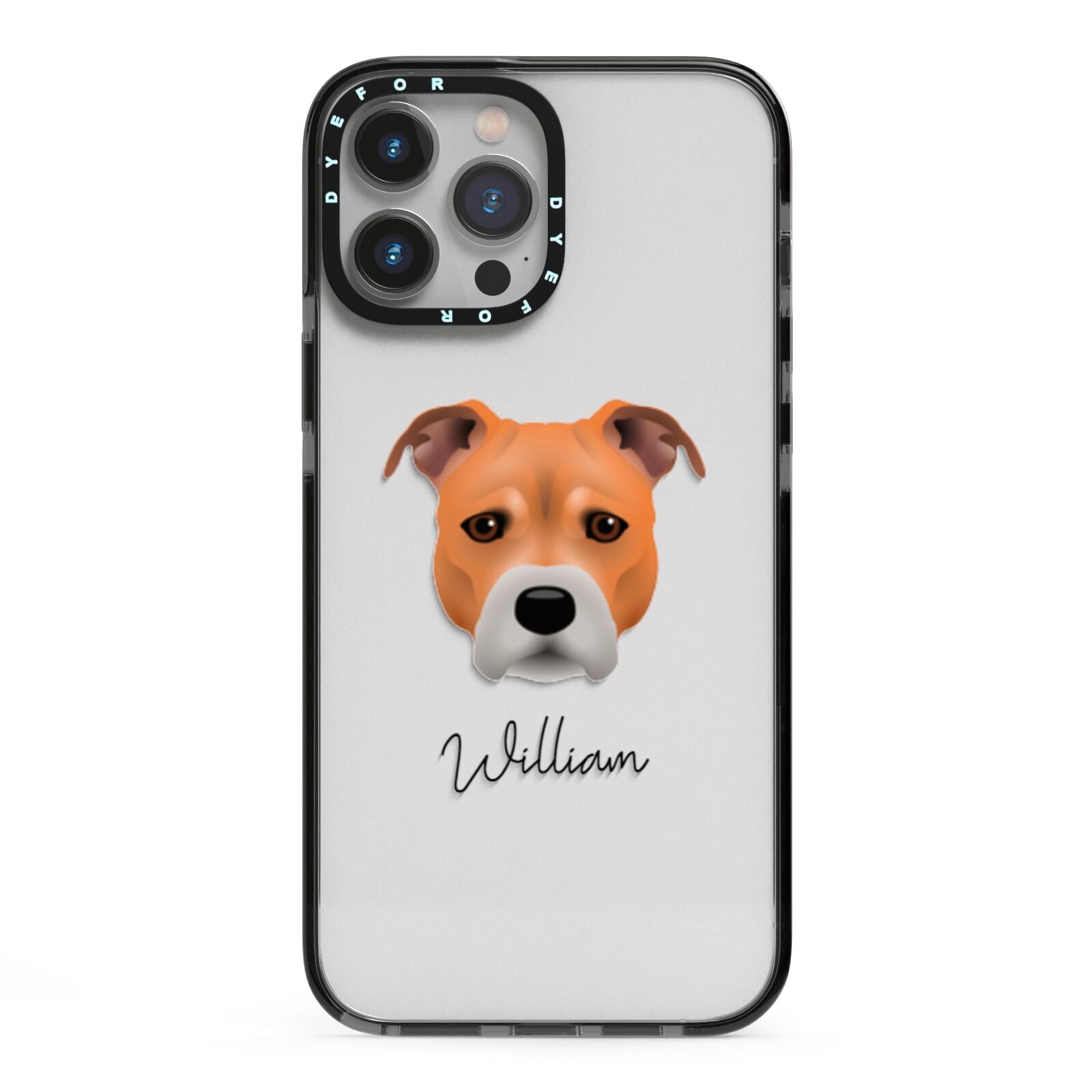 Staffordshire Bull Terrier Personalised iPhone 13 Pro Max Black Impact Case on Silver phone