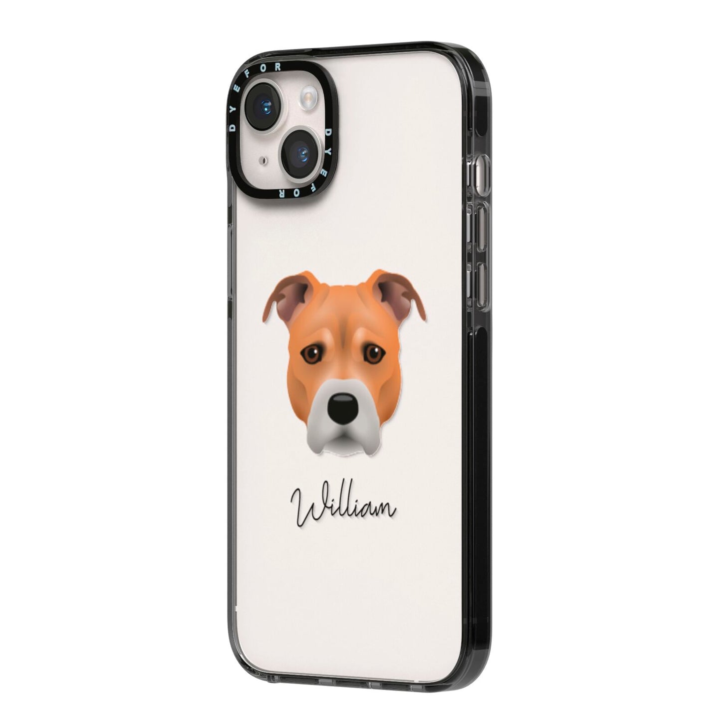 Staffordshire Bull Terrier Personalised iPhone 14 Plus Black Impact Case Side Angle on Silver phone