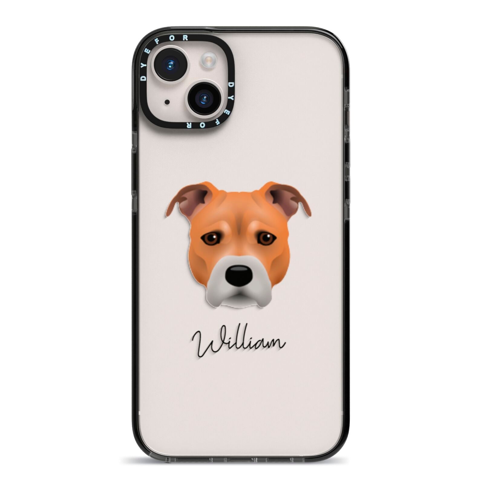 Staffordshire Bull Terrier Personalised iPhone 14 Plus Black Impact Case on Silver phone