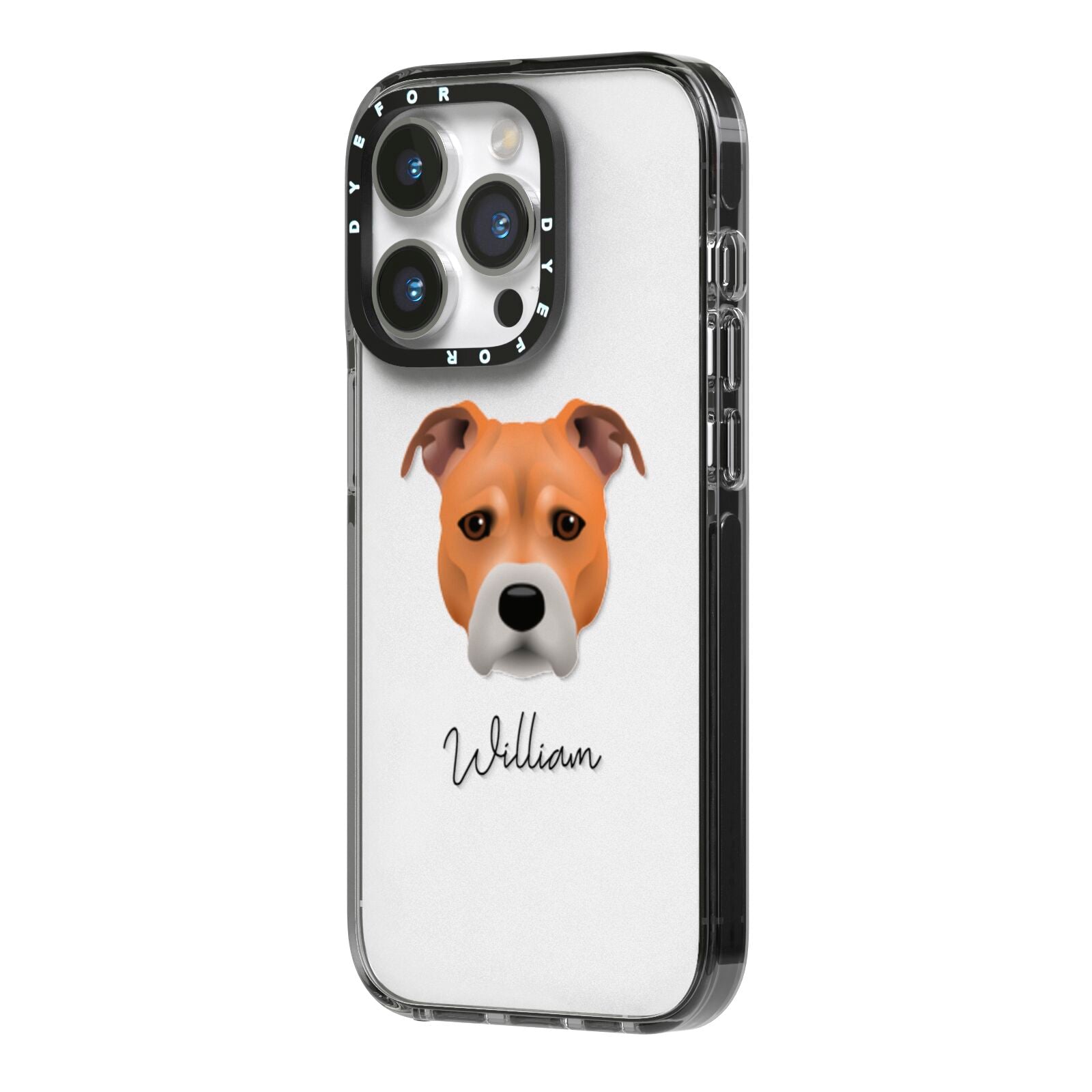 Staffordshire Bull Terrier Personalised iPhone 14 Pro Black Impact Case Side Angle on Silver phone