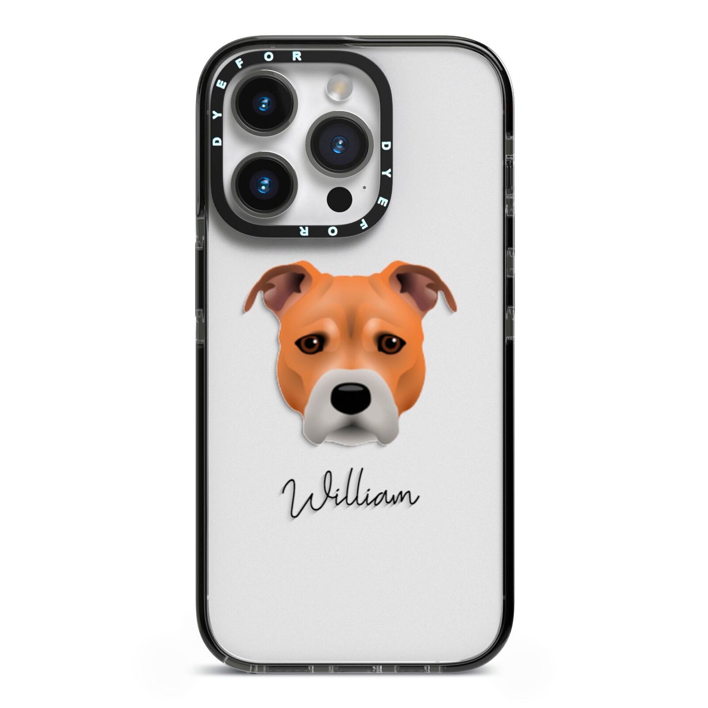 Staffordshire Bull Terrier Personalised iPhone 14 Pro Black Impact Case on Silver phone