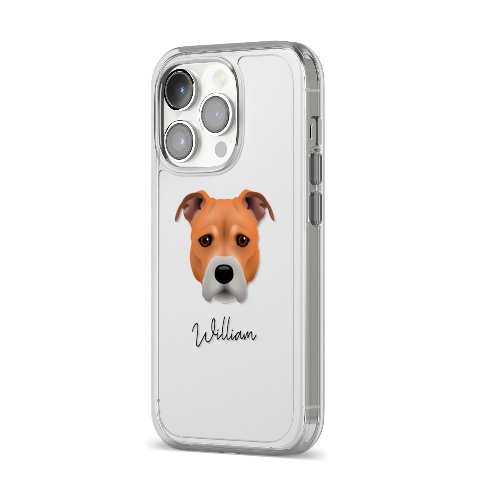 Staffordshire Bull Terrier Personalised iPhone 14 Pro Clear Tough Case Silver Angled Image