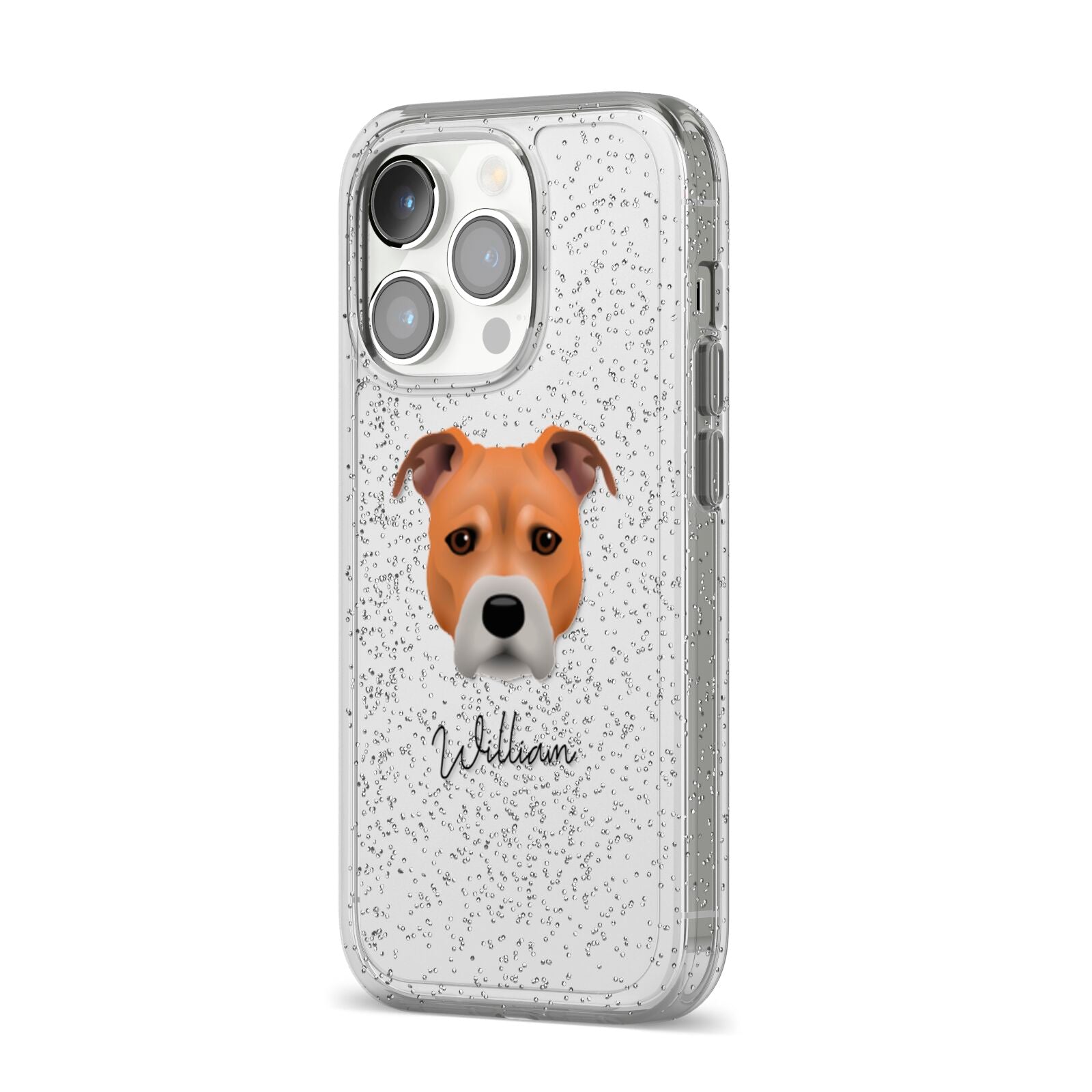 Staffordshire Bull Terrier Personalised iPhone 14 Pro Glitter Tough Case Silver Angled Image