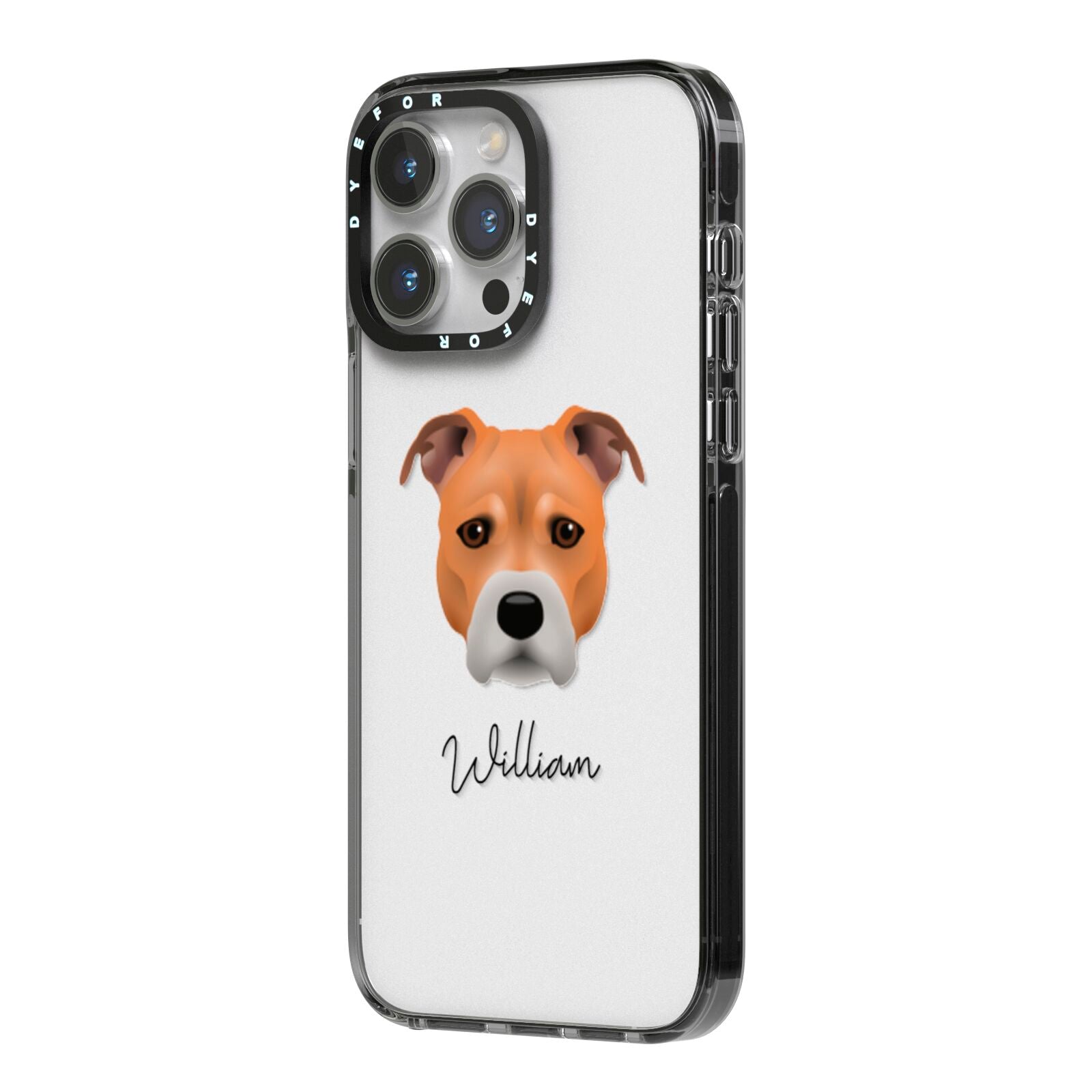 Staffordshire Bull Terrier Personalised iPhone 14 Pro Max Black Impact Case Side Angle on Silver phone
