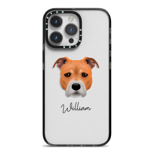 Staffordshire Bull Terrier Personalised iPhone 14 Pro Max Black Impact Case on Silver phone