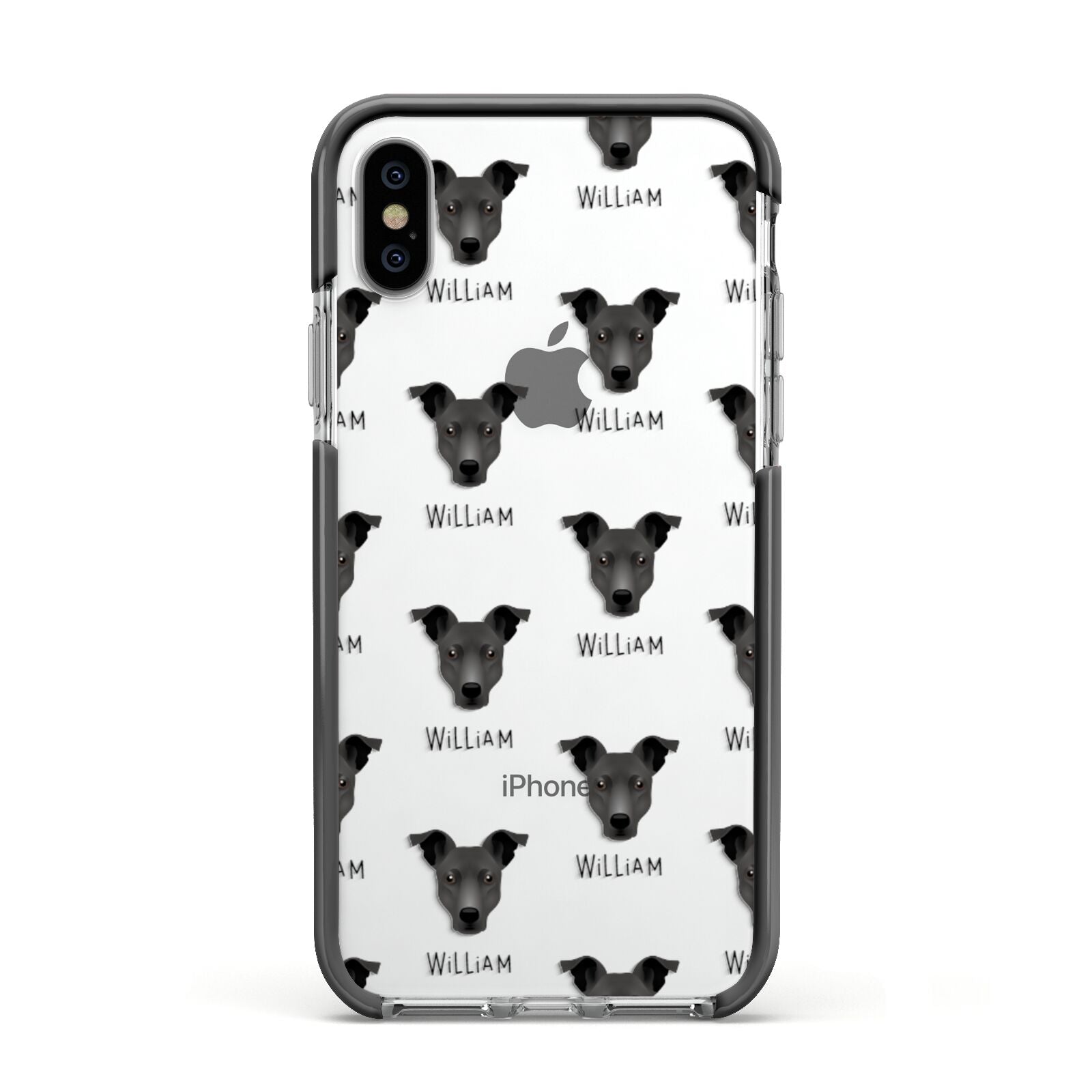 Staffy Jack Icon with Name Apple iPhone Xs Impact Case Black Edge on Silver Phone