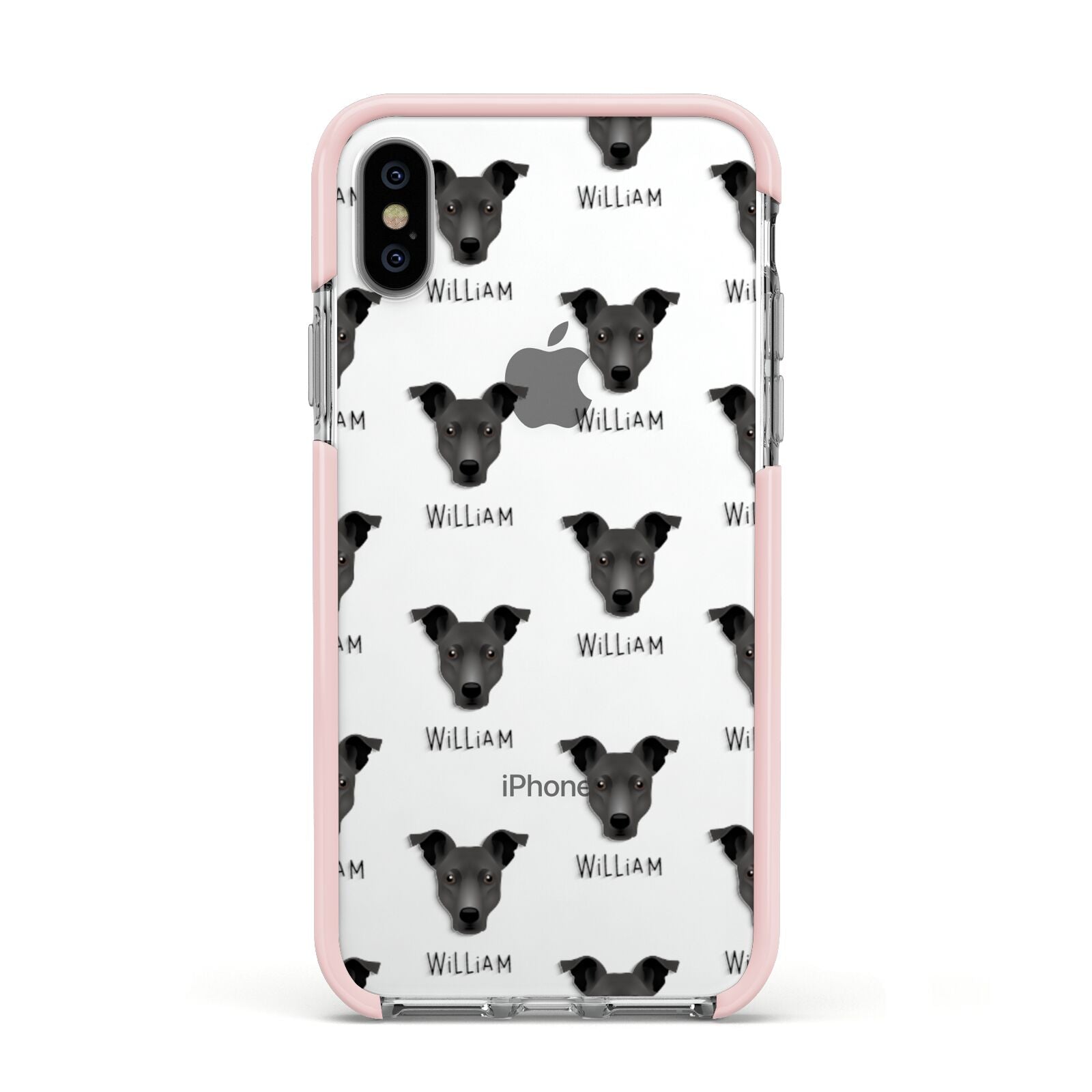 Staffy Jack Icon with Name Apple iPhone Xs Impact Case Pink Edge on Silver Phone