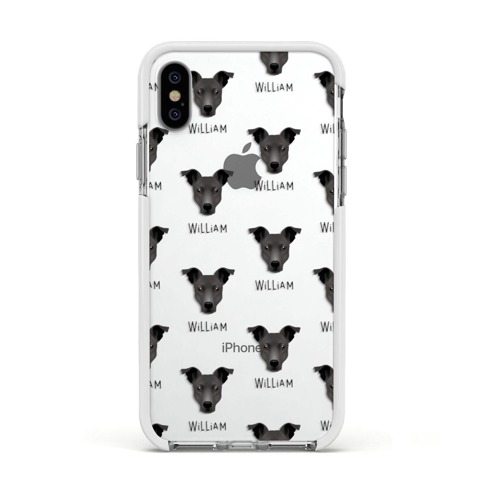 Staffy Jack Icon with Name Apple iPhone Xs Impact Case White Edge on Silver Phone